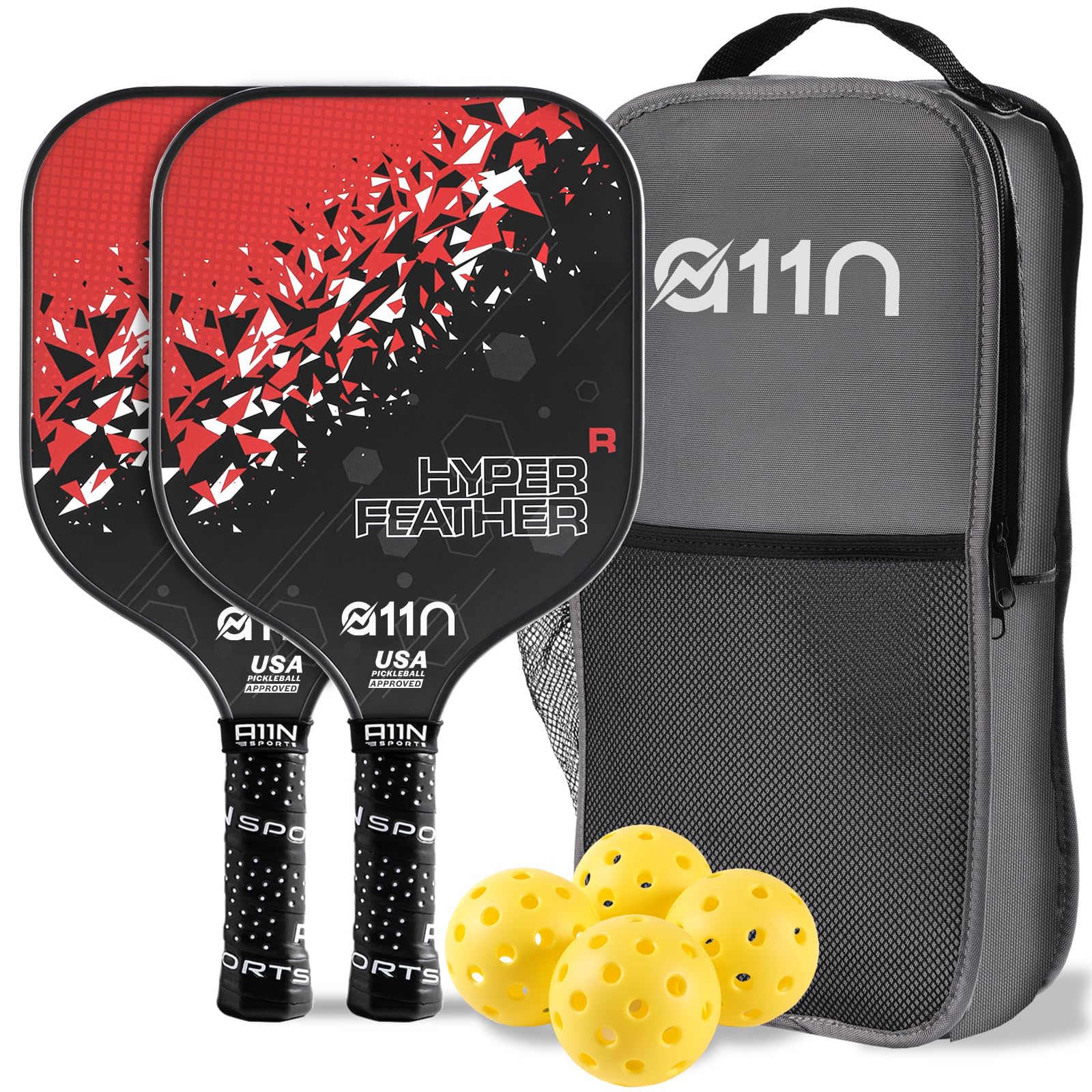 A11N HyperFeather R Pickleball Paddles Set of 2 Rackets with 4 Outdoor Balls and 1 Backpack, USA Pickleball Approved