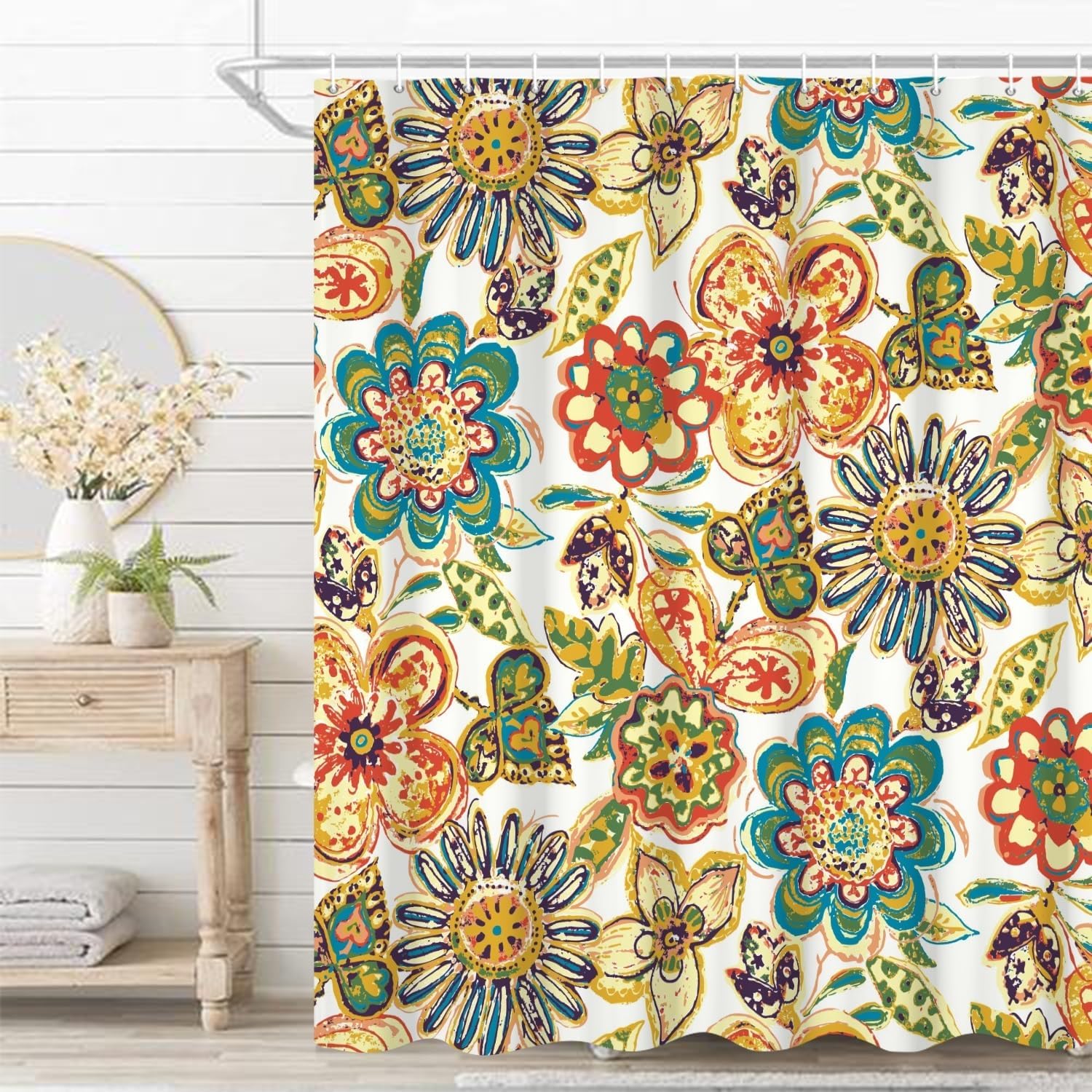 Cortina de ducha de baño con diseño floral, estilo retro, floral, colorida, impermeable, duradera, para decoración del hogar, con ganchos, 72 x 78