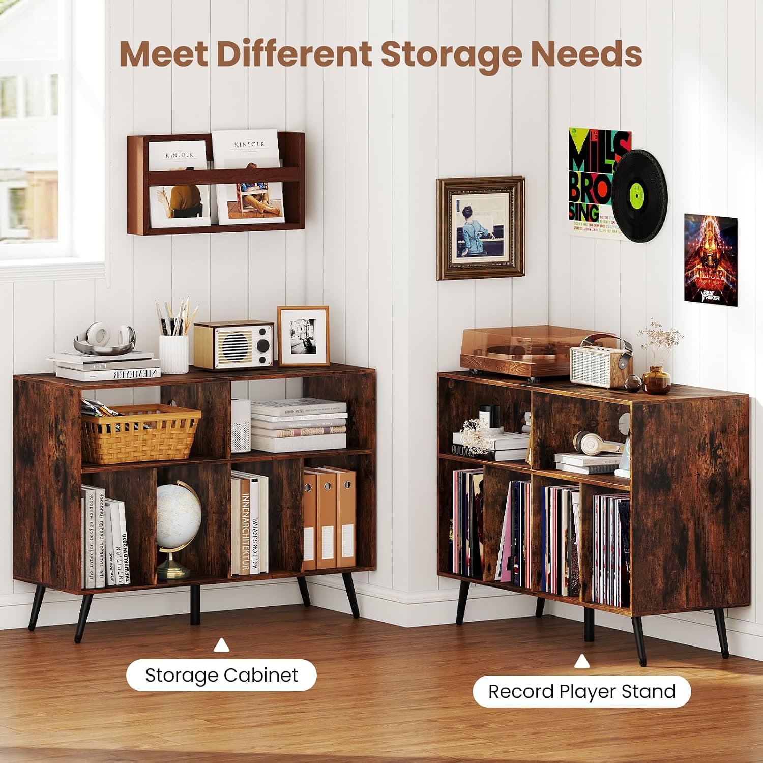 Giantex Large Record Player Stand with Charging Station, Turntable Stand Holds Up to 300 Albums, Record Player Table with Raised Leg, Vinyl Record Storage for Living Room (Rustic Brown)