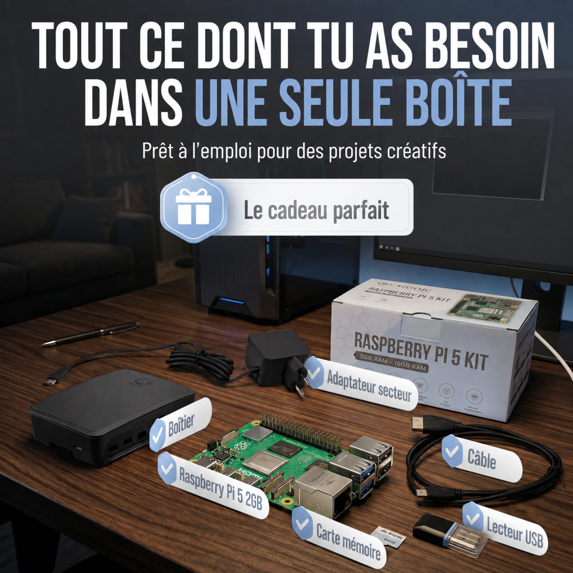 db-tronic Raspberry Pi 5 2 Go Starter Kit | Édition Noire 64 Go | Alimentation 27 W | Boîtier avec Ventilateur | Micro HDMI 4K | idéal pour Home Assistant et Le Smart Home