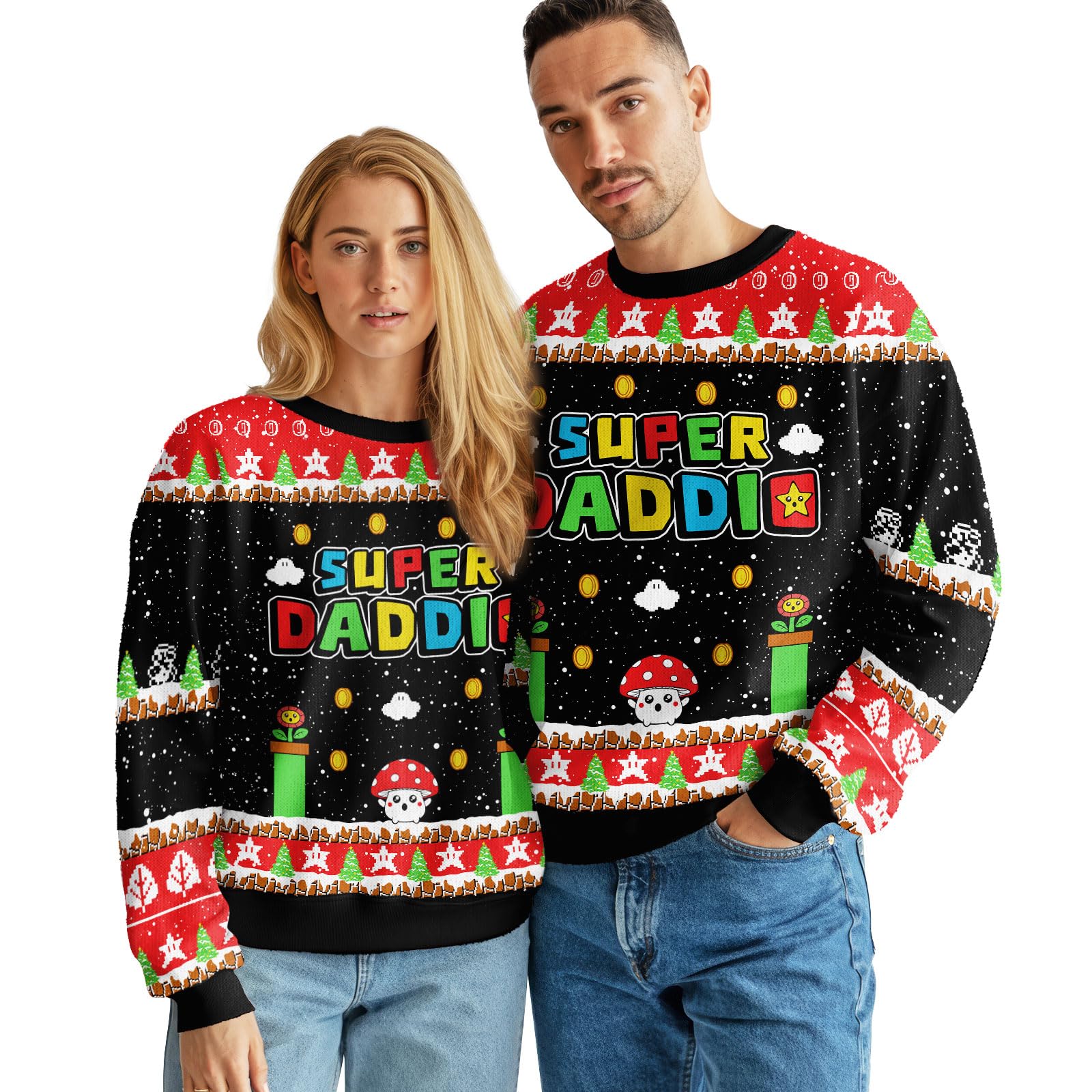 99TIMORO Super Mari Ugly Christmas Sweater for Men and Women, Holiday Pullover Novelty Crewneck Sweatshirt, Festive Outfit Gift