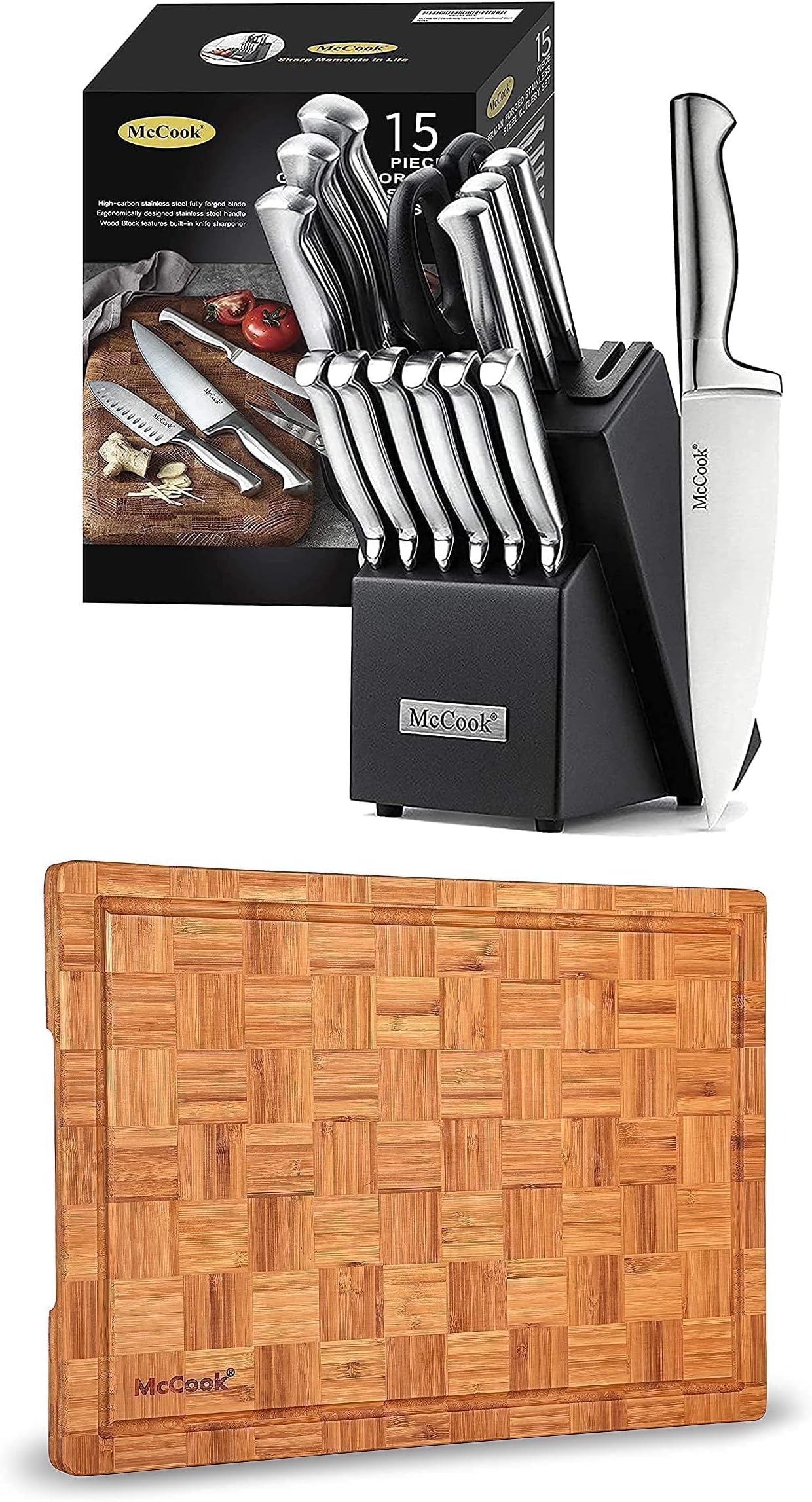 McCook MC21 German Stainless Steel Knife Block Sets with Built-in Sharpener + MCW12 Bamboo Cutting Board(Small, 14”x10”x0.8”)