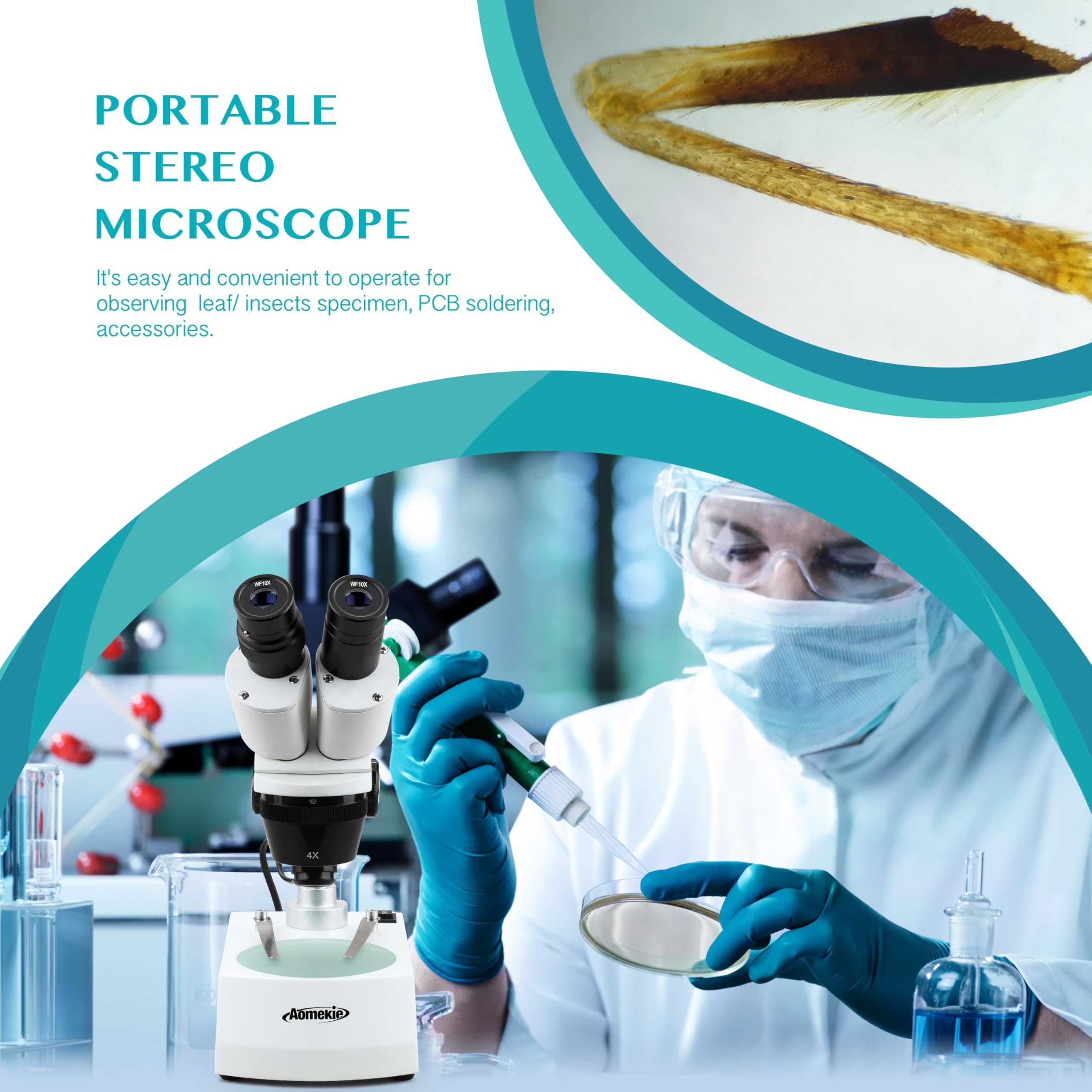AOMEKIE Stereo Microscopio 20X/40X/80X Binoculare a Montaggio Frontale Oculari WF10X e WF20X, Obiettivi 2X e 4X Illuminazione LED Superiore e Inferiore Piastra Palcoscenico Reversibile Nero/Bianco.