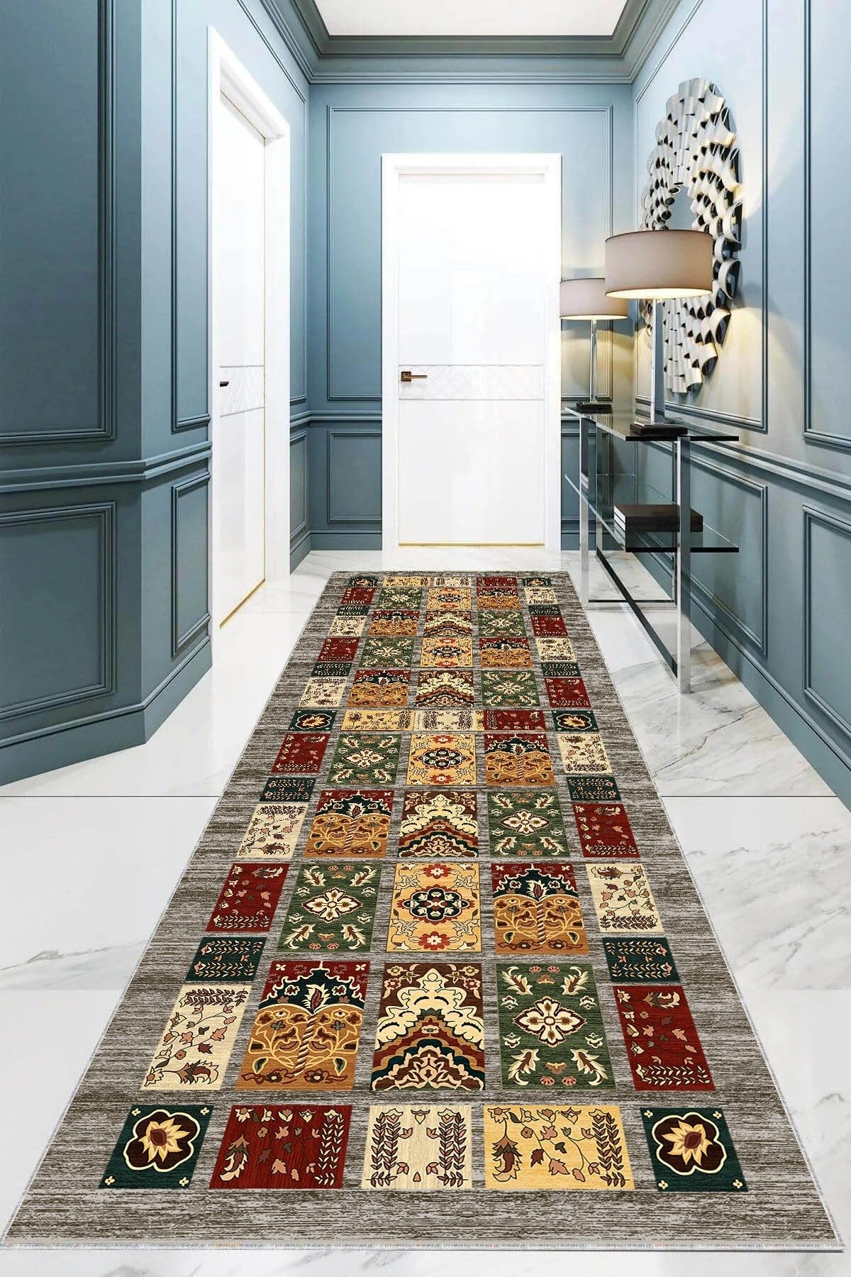 Pelangi Etnik Motifler Desenli Dijital Baskı Yıkanabilir Kaymaz Taban Modern Halısı ve Yolluk (Gri), Gri 80 x 50, 9555162220800507
