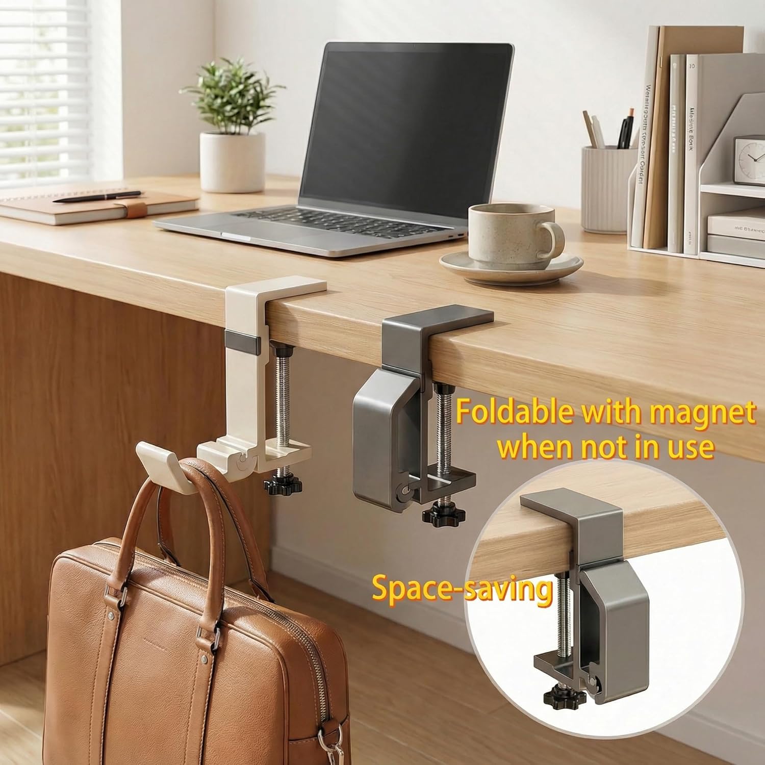 Bag Hooks & Desk Hook for Tables, Aluminum Alloy Foldable Headphone Holder, Foldable Clamp Hook for Office Computer Student Class Table Handmade Table (2-Pack)(Mixed Colors)