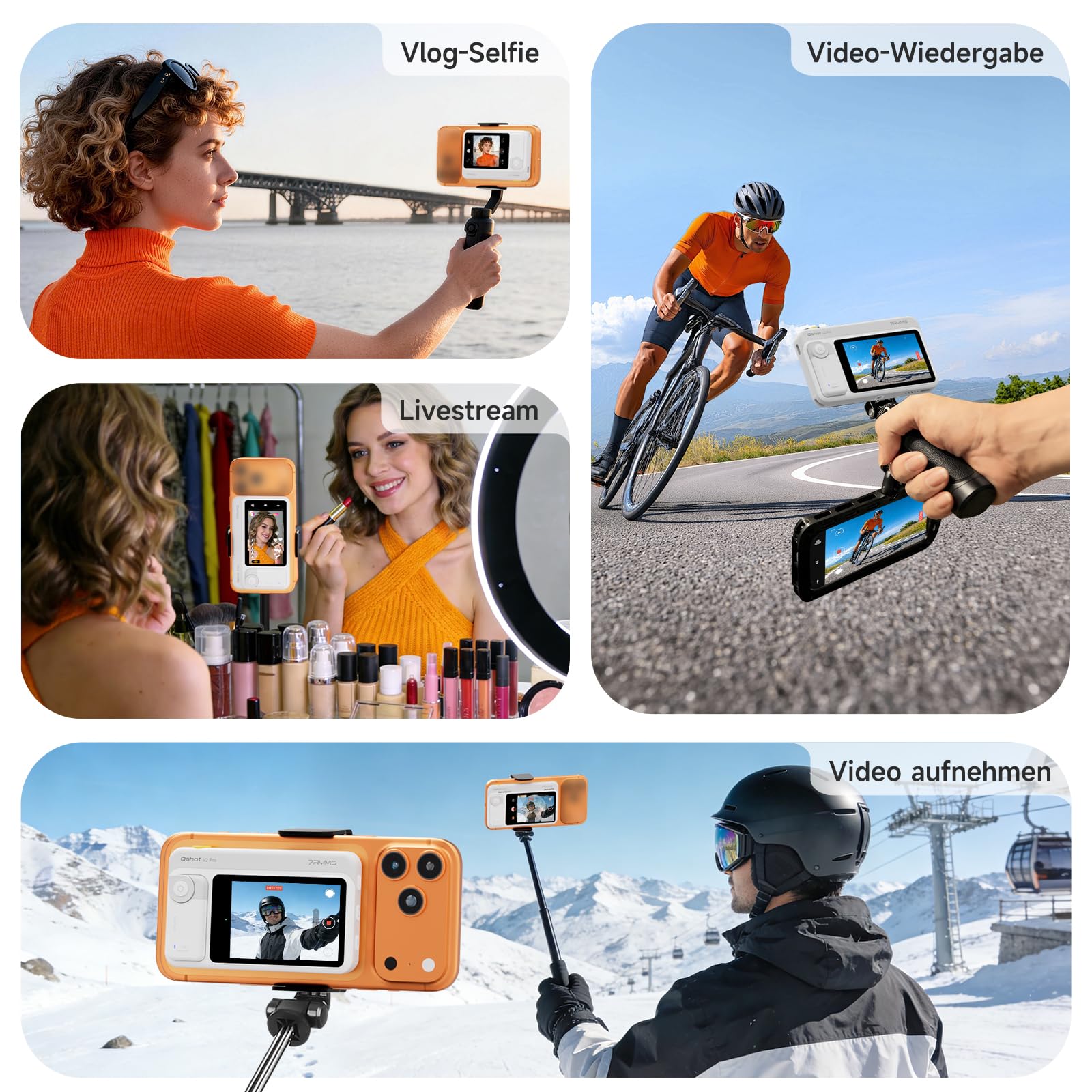 7RYMS Qshot V2 PRO Kabelloser Selfie Monitor für iPhone 17/16 & Android, Magnetischer Smartphone Rückkamera Monitors mit 4K/60fps, 50 m Reichweite, Lautsprecher, Vlog Monitor für YouTube TikTok (Weiß)
