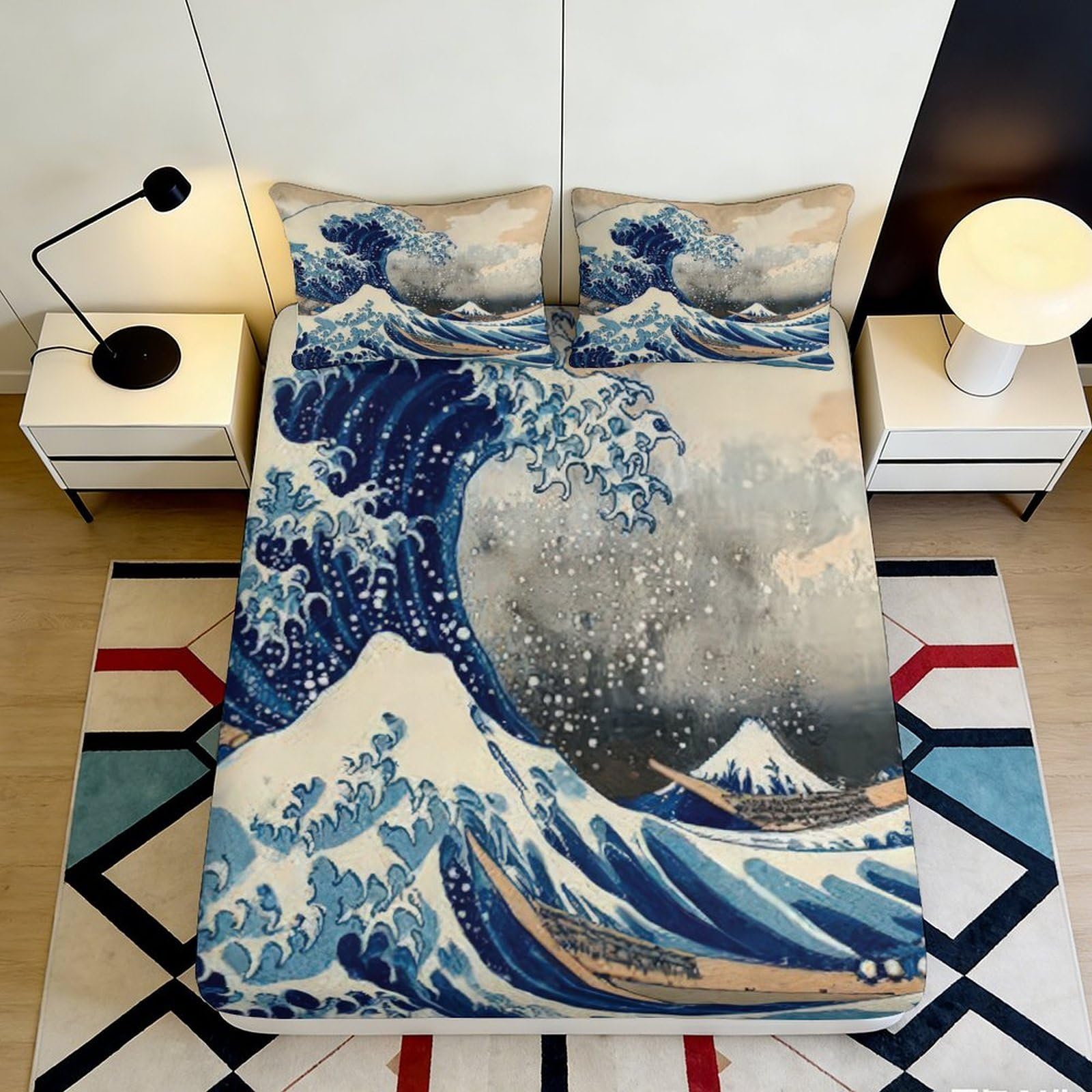 3D Printed Great Wave Fitted Sheet Microfiber Soft Blue Japanese Art Mount Fuji Mattress Cover Bedroom Decor 120x200x25cm
