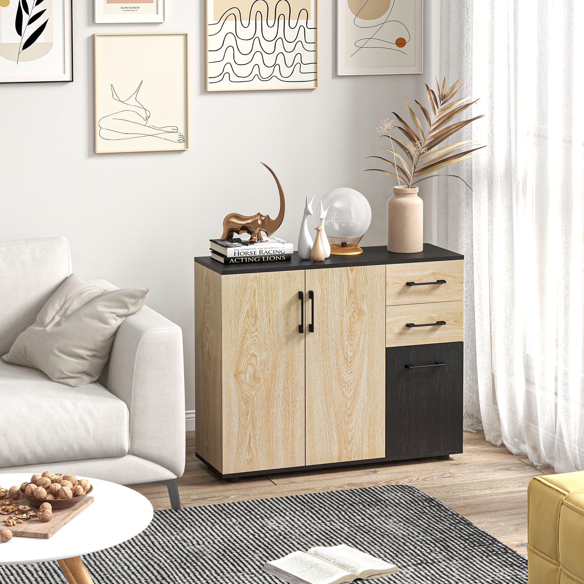 HOMCOM Buffet Salon, Meuble de Rangement avec 3 Portes, 2 tiroirs et étagère réglable, Style Moderne, Buffet Salle à Manger, Cuisine et Salon, 90 x 30 x 75,5 cm, Noir et Bois Naturel