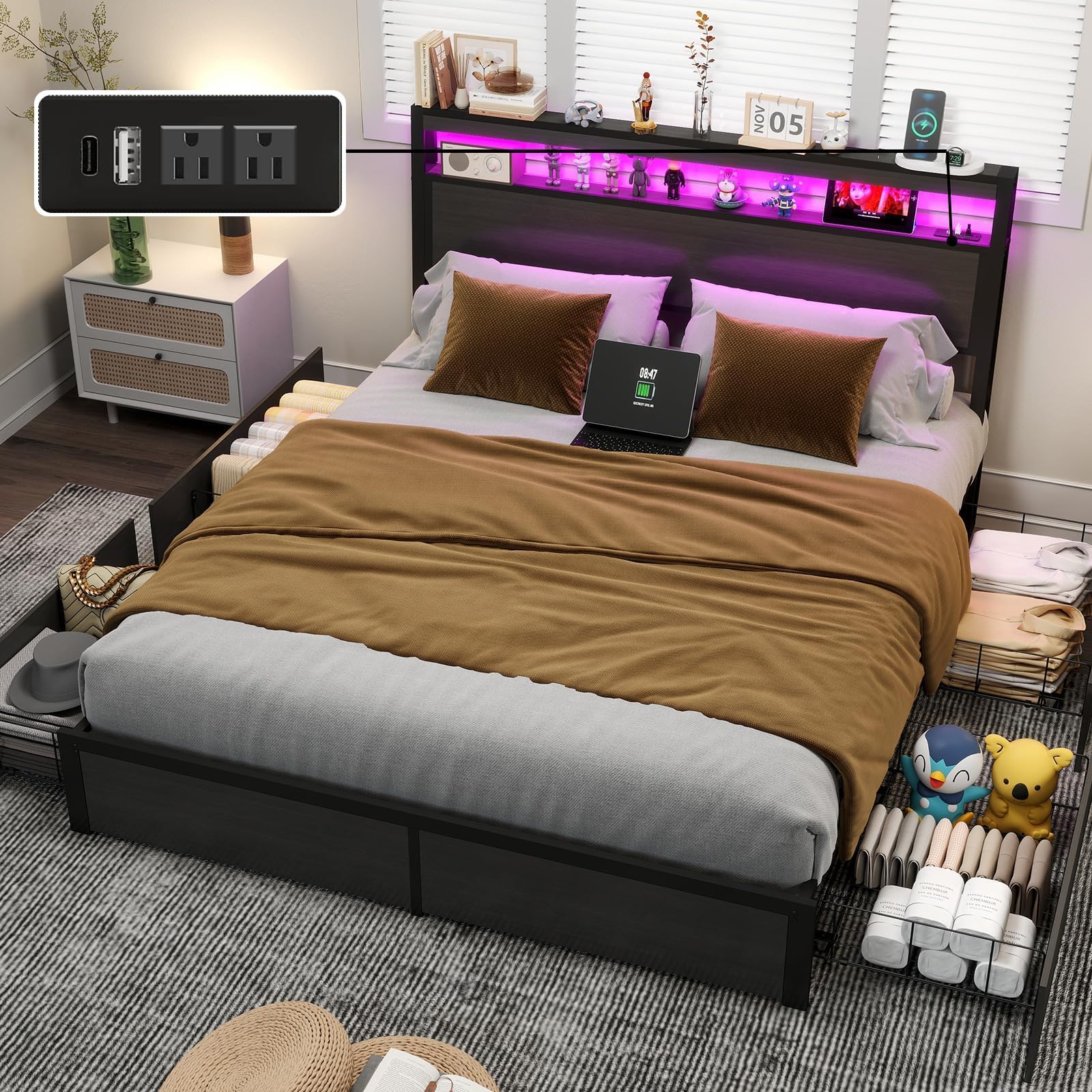 Fabulis Queen Bed Frame with Storage Headboard and 4 Drawers, Metal Platform Bed Frame with LED Light, Charging Station, No Box Spring Needed, Noise Free, Easy Assembly,Charcoal Grey