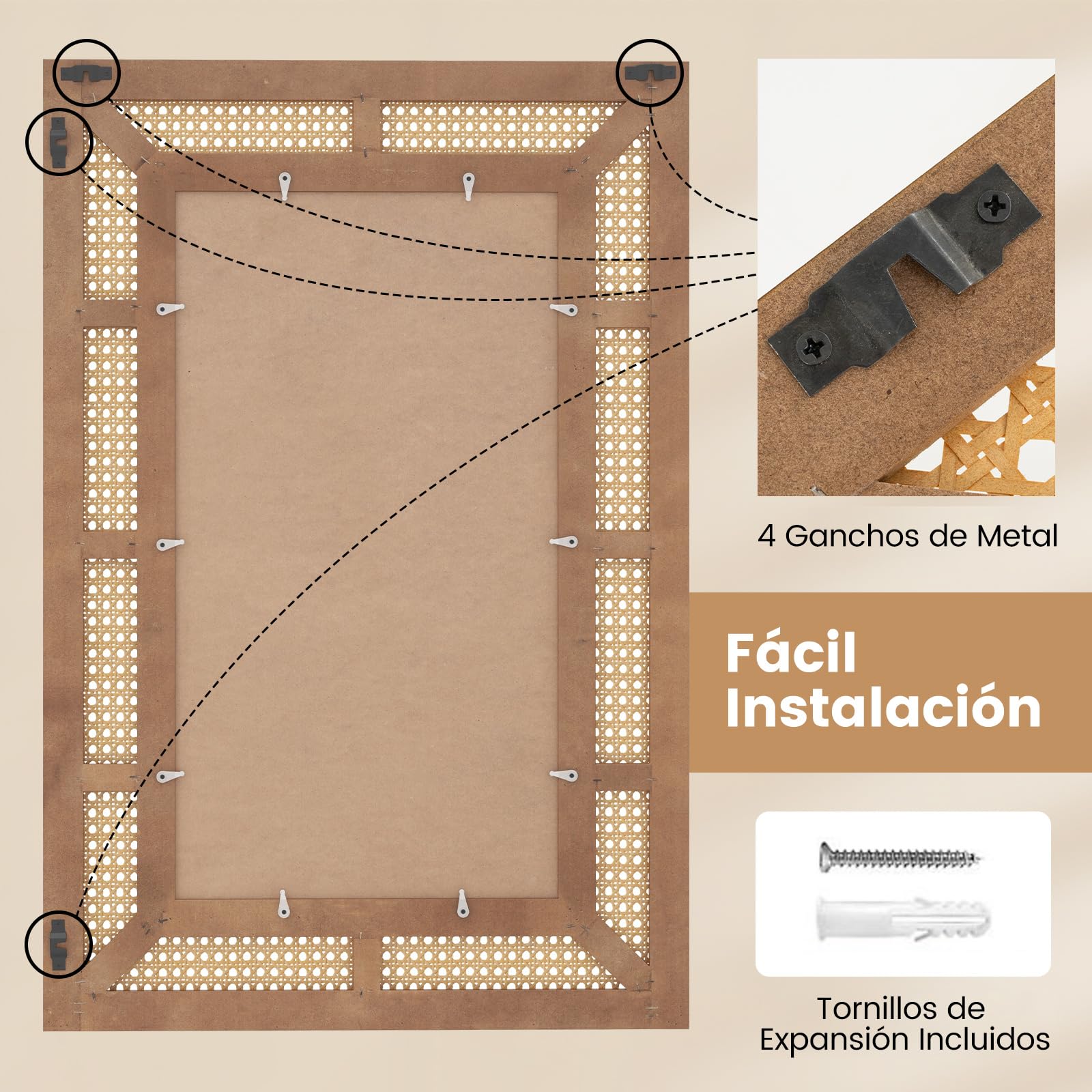 GOPLUS Espejo de Pared de Ratán, Espejo Colgante Rectángulo, Vidrio de Aluminio, Decorativo Rústico para Sala, Dormitorio, Entrada, Baño, Instalación Fácil, Natural, 90 x 60 cm