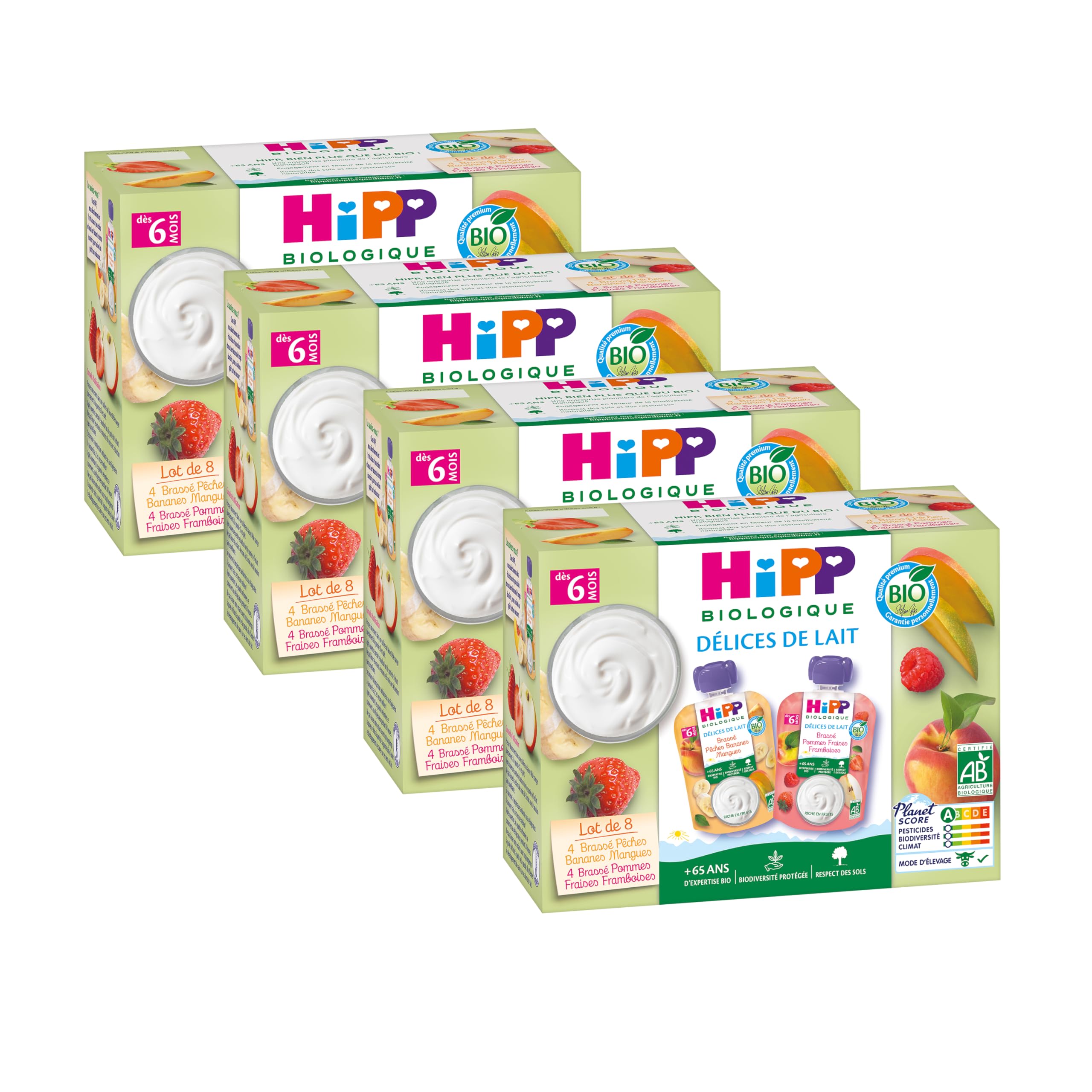 HiPP - Délices de Lait - Brassés 2 Variétés Dès 6 Mois - Gourdes - 8x90g - Lot de 4 - BIOLOGIQUE