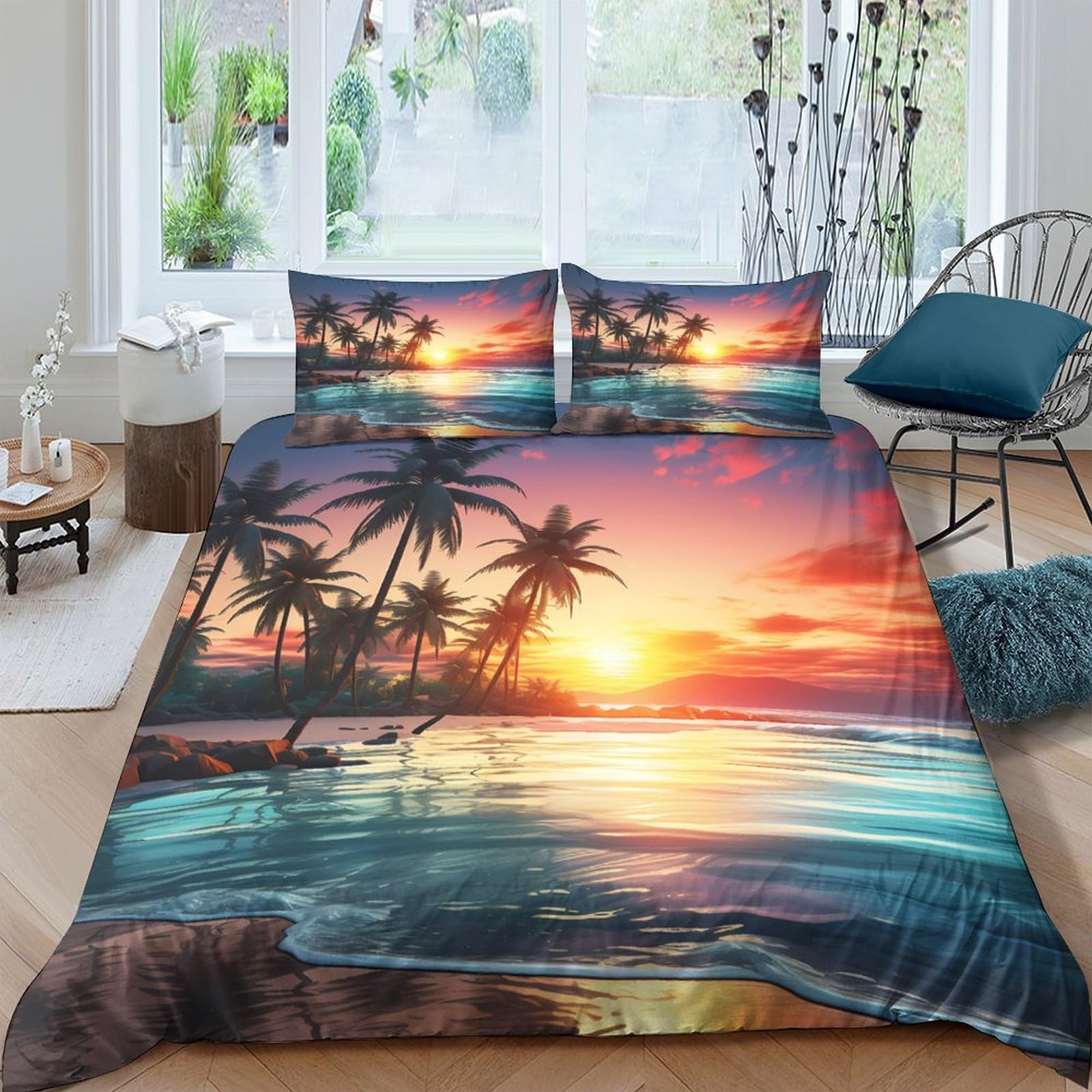Ctjqhvkz Style-8 3D Printed Sunset Beach Fitted Sheet Microfiber Soft Palm Tree Mattress Cover For Bedroom Guest Room Decor Single（135X200cm）