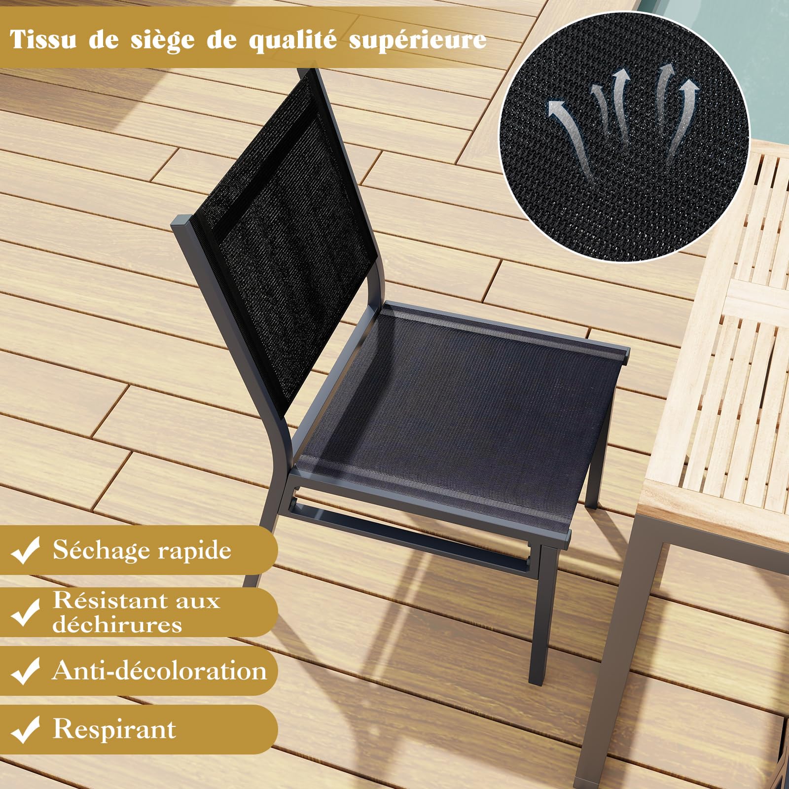 COSTWAY Lot de 2 Chaise de Jardin Extérieure avec Cadre en Aluminium, Chaise de Terrasse sans Accoudoirs, Chaise de Salle à Manger pour Patio avec Siège et Dossier Respirants, Charge 150 KG