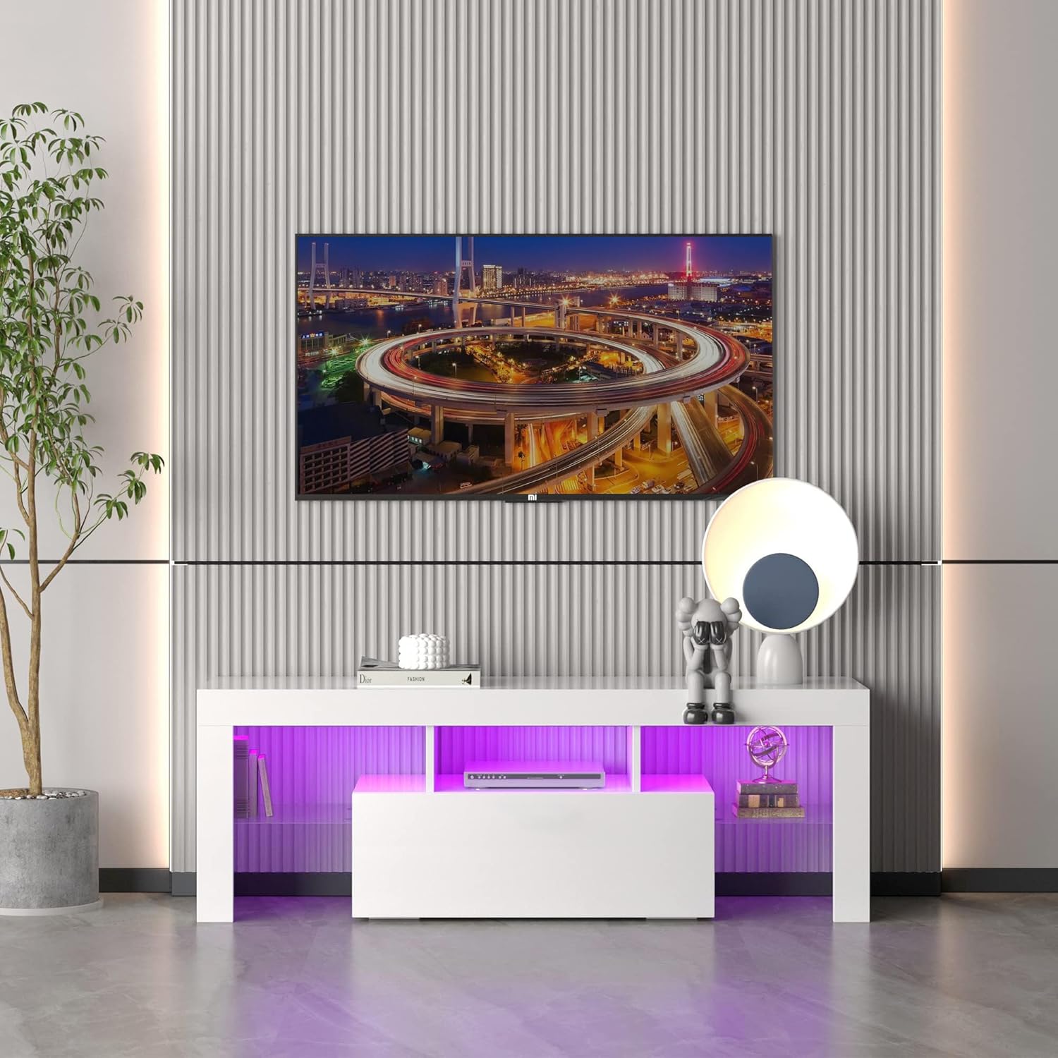 LED TV Stand with Large Storage and Glass Shelf for Up to 55-Inch TV, Modern TV Console Table with Entertainment Center for Bedroom, Living Room(White, 51 Inch)