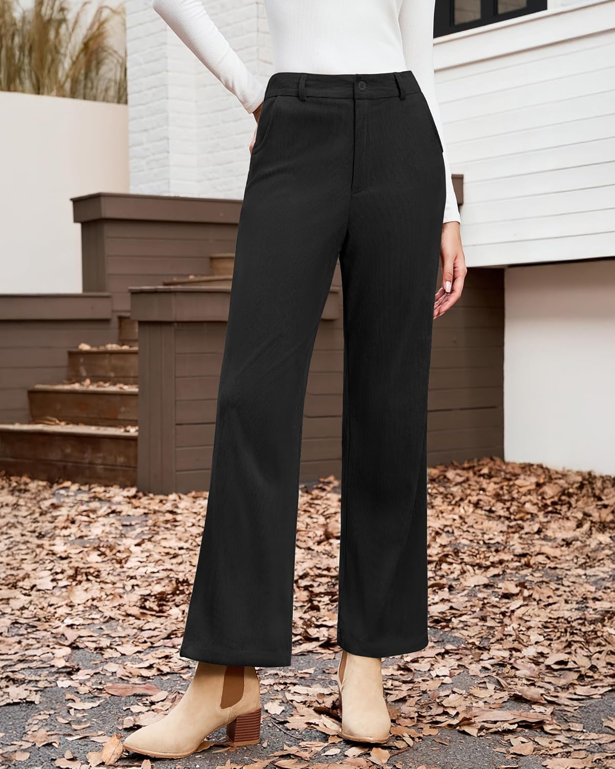 LookbookStore Corduroy Pants for Women High Waisted Wide Leg Elastic Waist Casual Work Pants Fall Trousers with Pockets - Image 2