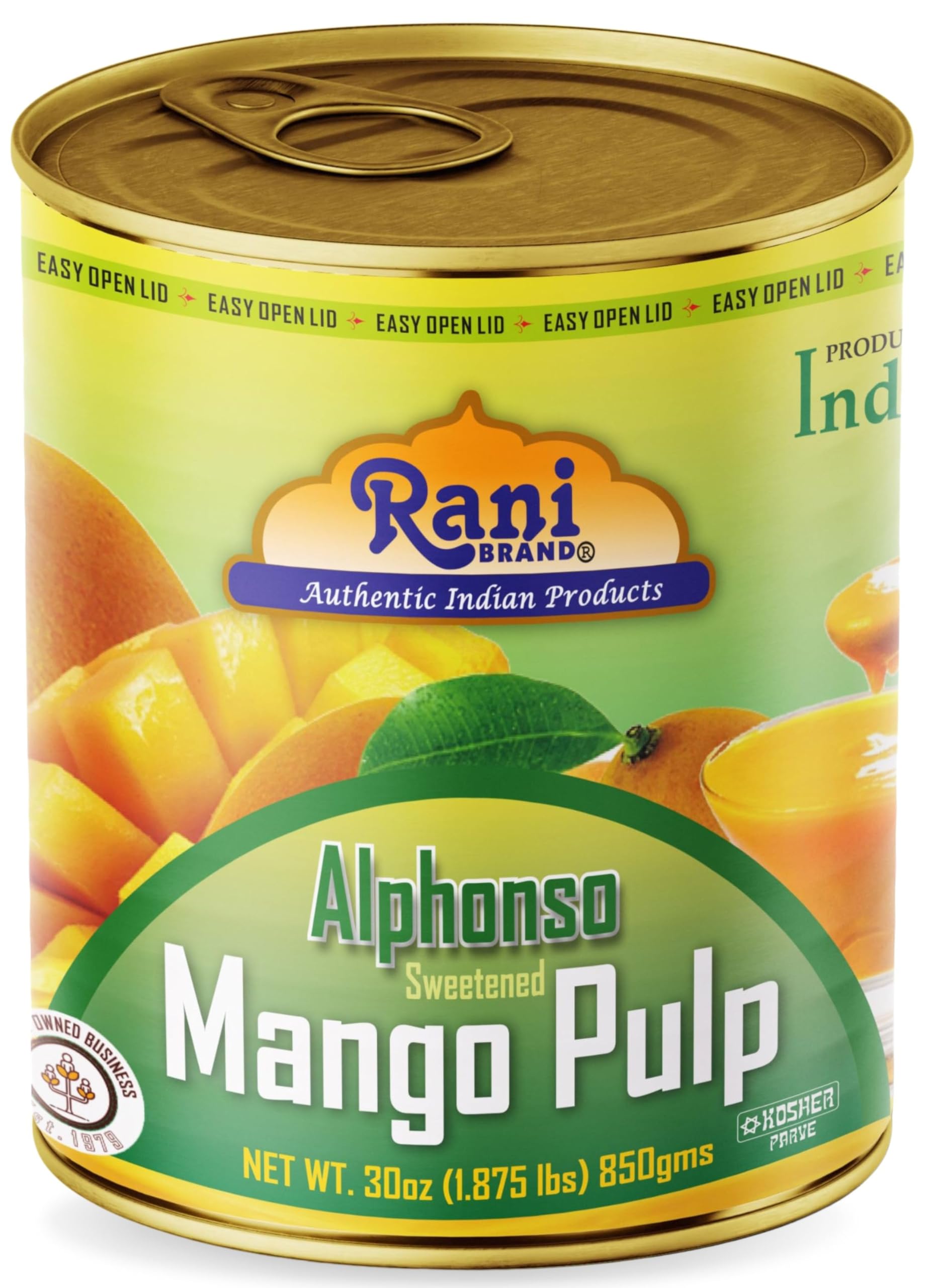 Rani Brand Authentic Indian Products Mango Pulp Puree (Makes Mango Lassi Shakes) Sweetened Alphonso 30oz (1.875lbs) 850g ~ Kosher | All Natural | Non-GMO | Vegan | Colorless | Gluten Friendly | Origin