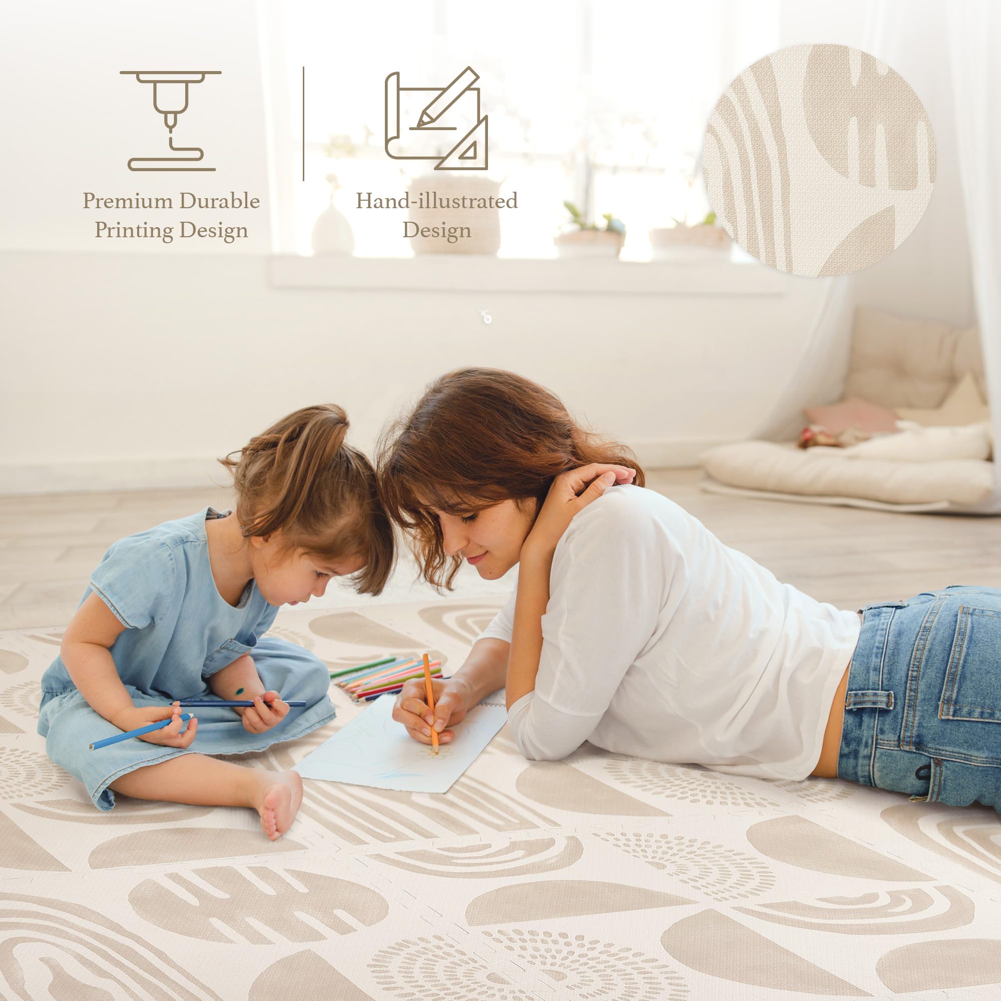 PopsyKosy Premium Exercise & Baby Foam Play Mats - Stylish & Large Non-Toxic Odorless Floor Mat - 6 Tiles - Spacious 6ft x 4ft - Peel-Resistant Reinforced Ver.- Soft Thick, Waterproof - Desert Sand