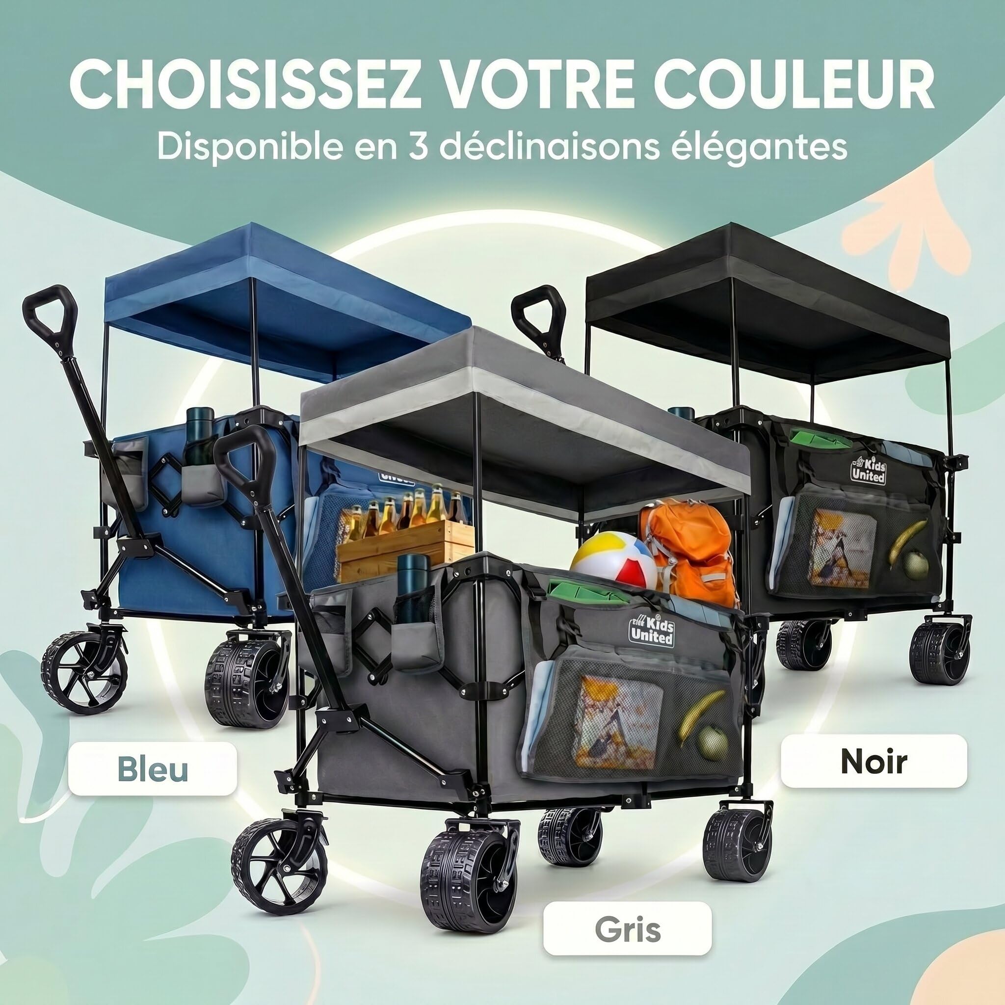 Chariot à Main de Transport Pliable; Buggy de Plage jusqu'à 90 L et 150 kg ; Roues XXL avec Frein ; Chariot de Camping pour Le Jardin et l'extérieur ; poignée réglable (Bleu)