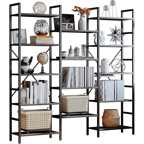 IRONCK Bookcases and Bookshelves Triple Wide 5 Tiers Industrial Bookshelf, Large Etagere Bookshelf Open Display Shelves with Metal Frame for Living Room Bedroom Home Office