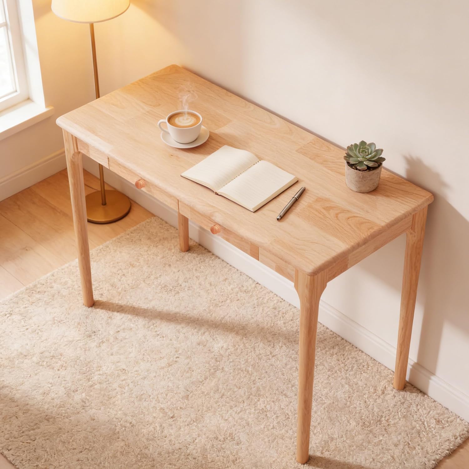 Natural Solid Wood Desk with Drawers, Mid Century Modern Real Wood Writing Desk, Home Computer Office Desks for Work, Standing Desk for Bedroom, Small Spaces (Wood Color, 48"×22"(120×56cm))