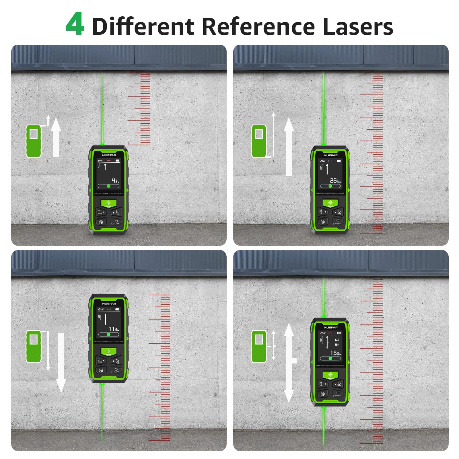 Huepar Miernik Laserowy 396FT Laserowe Narzędzie Pomiarowe Cyfrowe Laserowe Mierniki Odległości z 2 Poziomicami Bąbelkowymi, Podświetlanym LCD, Pomiar Odległości, Powierzchni i Objętości oraz Tryb