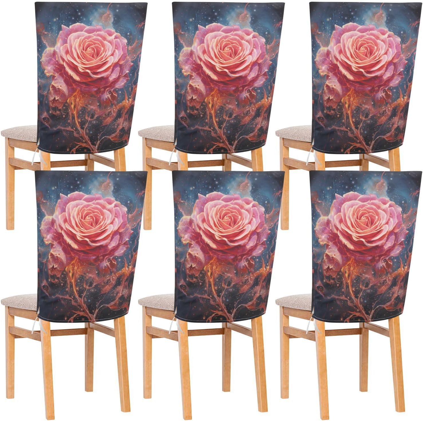 ALAZA Pink Rose on Blue Sky Chair Back Cover Set of 6, Washable Reusable Removable Chair Slipcovers Decorative Chair Cover for Home Kitchen Wedding Party