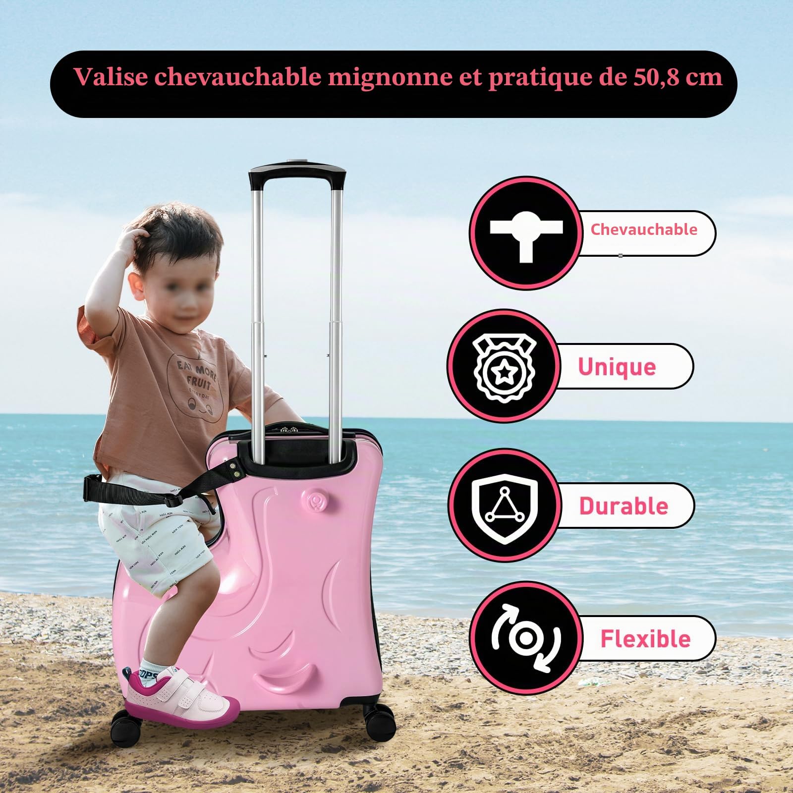 Kids Ride On Suitcase, valise pour enfant avec roulettes, valise pour enfant pour s'asseoir dessus – Particulièrement sûr grâce à la sangle et aux poignées – Chariot pour enfant avec