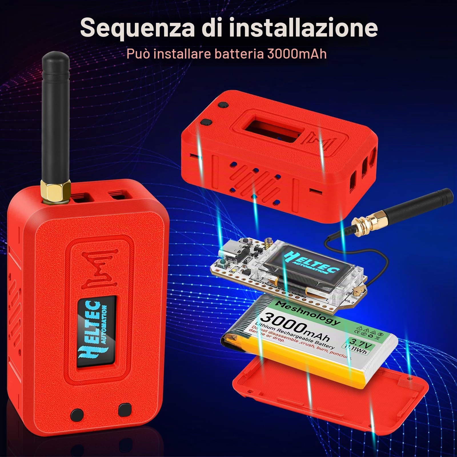 1 set di scheda modulo ESP32 Lora V3 con antenna da 915 MHz + batteria da 3000 mAh + custodia protettiva - WiFi Bluetooth SX1262 CP2102 0,96 pollici OLED tipo C per Arduino Lora Meshtastic IOT (N35