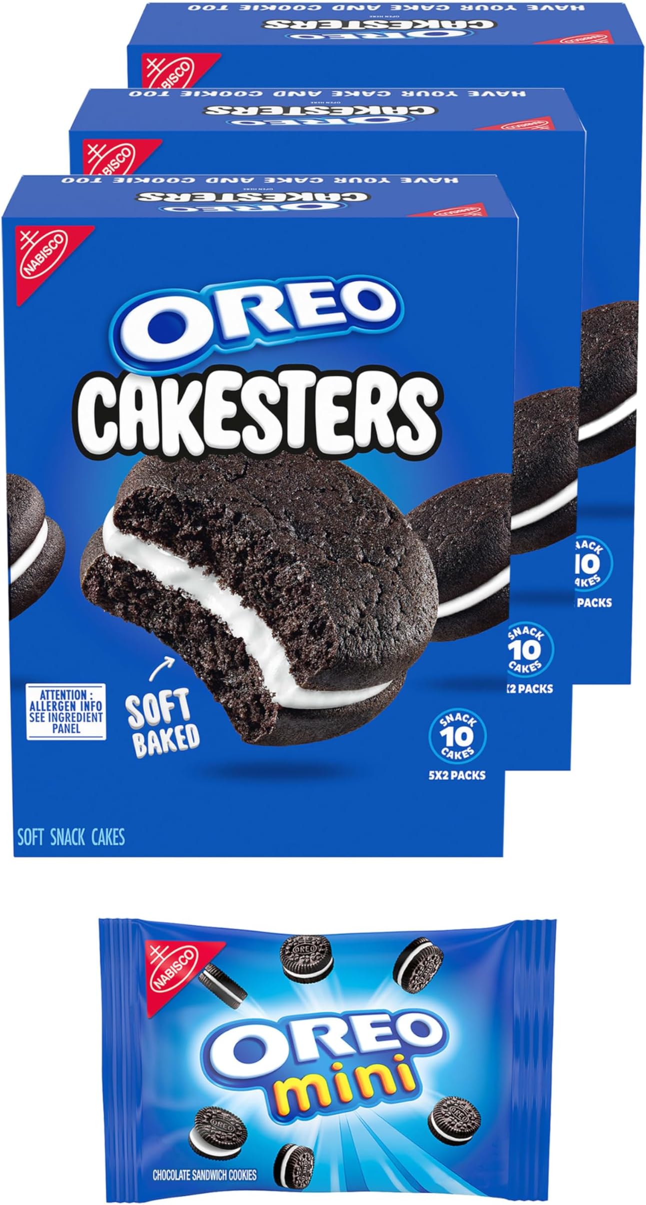 Cakesters Soft Snack Cakes, 3 - 5 Count Packs (15 Total Snack Packs) + Bonus OREO Mini Cookie Snack Pack