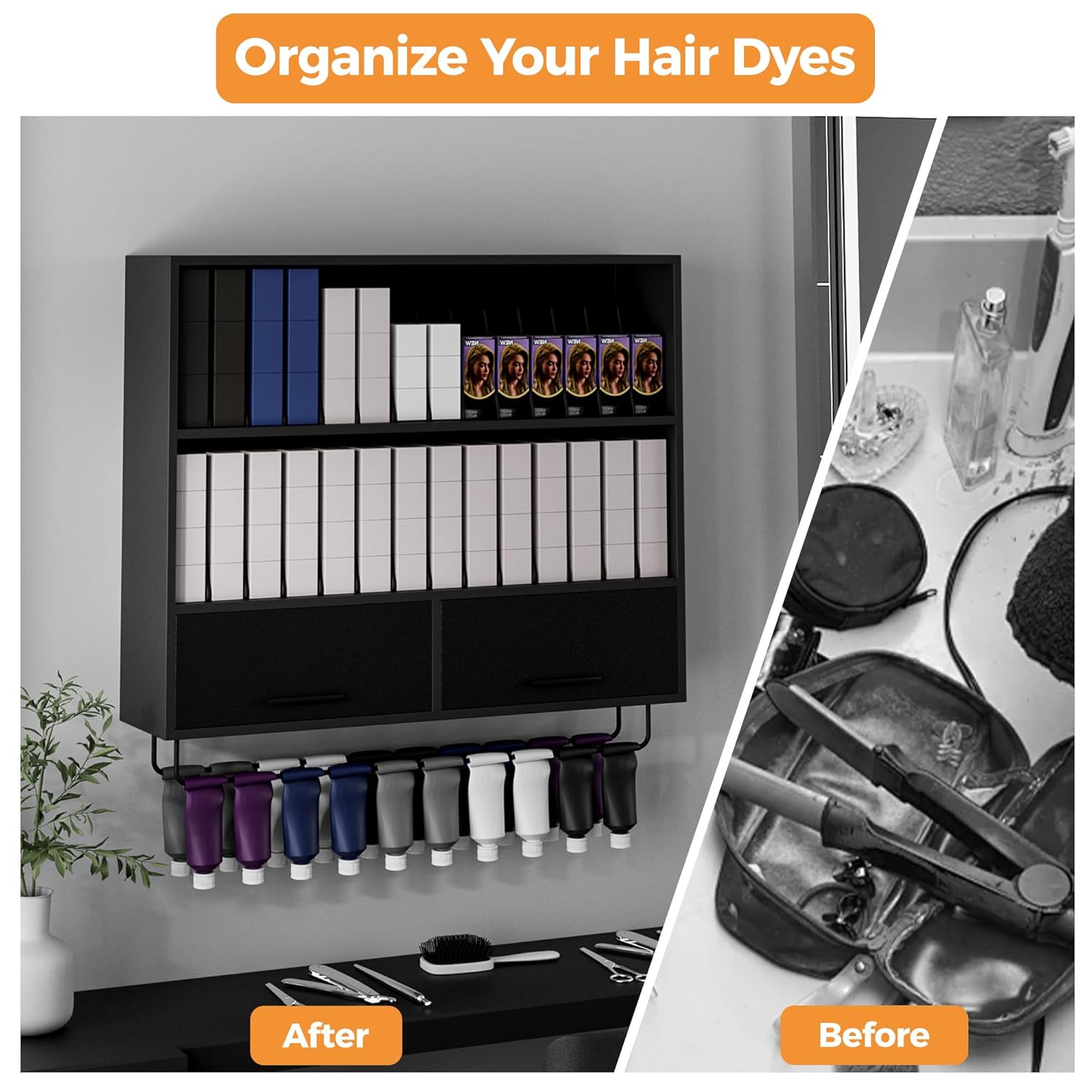 Wall Mount Hair Color Organizer Rack with Removable Dividers, Hair Color Bar Wall Shelf Cabinet for Dye Storage and Display, Holds 160+ Tubes for Barbershop Beauty Spa, Black
