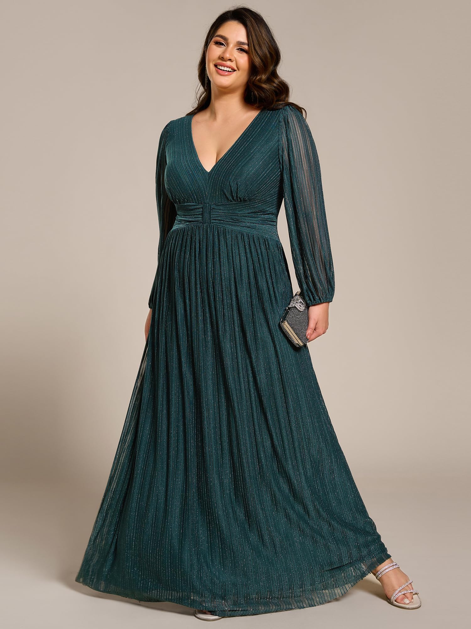 Ever-Pretty Donne Glitter Maniche Lunghe Scollo a V Pieghe Impero Vita Piano Lunghezza Plus Size Abiti Formali Abiti da Sera, Verde acqua, 52