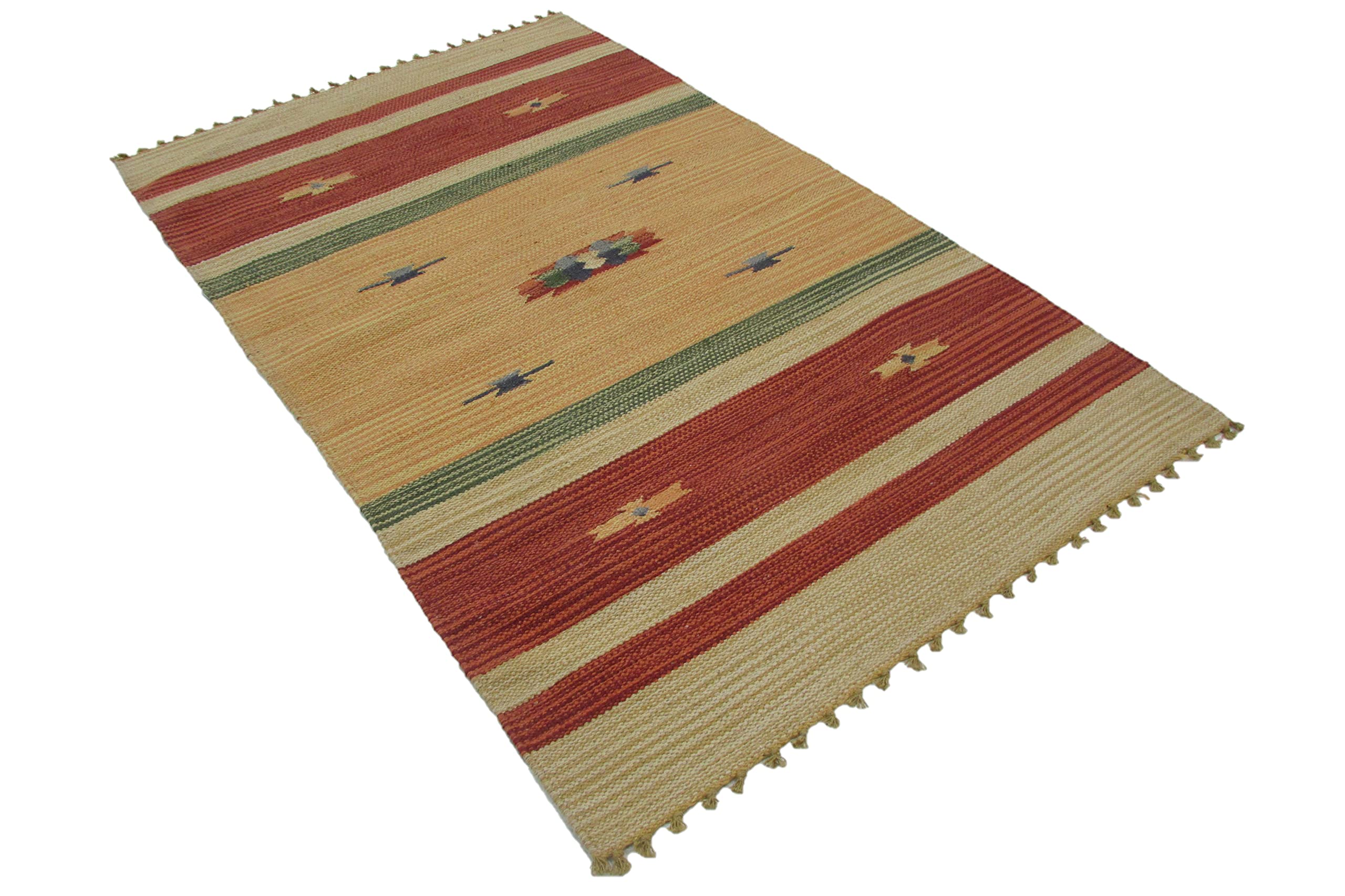 Cotton Dhurrie for Living Room, 2.5ft x 4ft, Red & Beige, Handmade Flatweave Durry for Sofa & Bedroom, Reversible Carpet & Rug, Anti-Skid