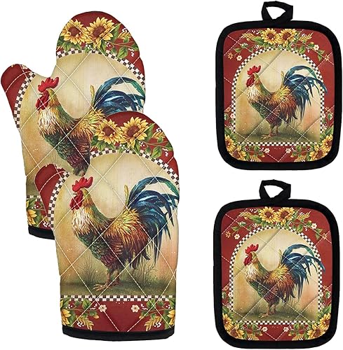 UNICUE - Juego de 4 guantes de cocina con estampado de gallo de girasol, guantes para horno y soporte para ollas, juego de 4 unidades, guantes disponible en Yaxa El Salvador