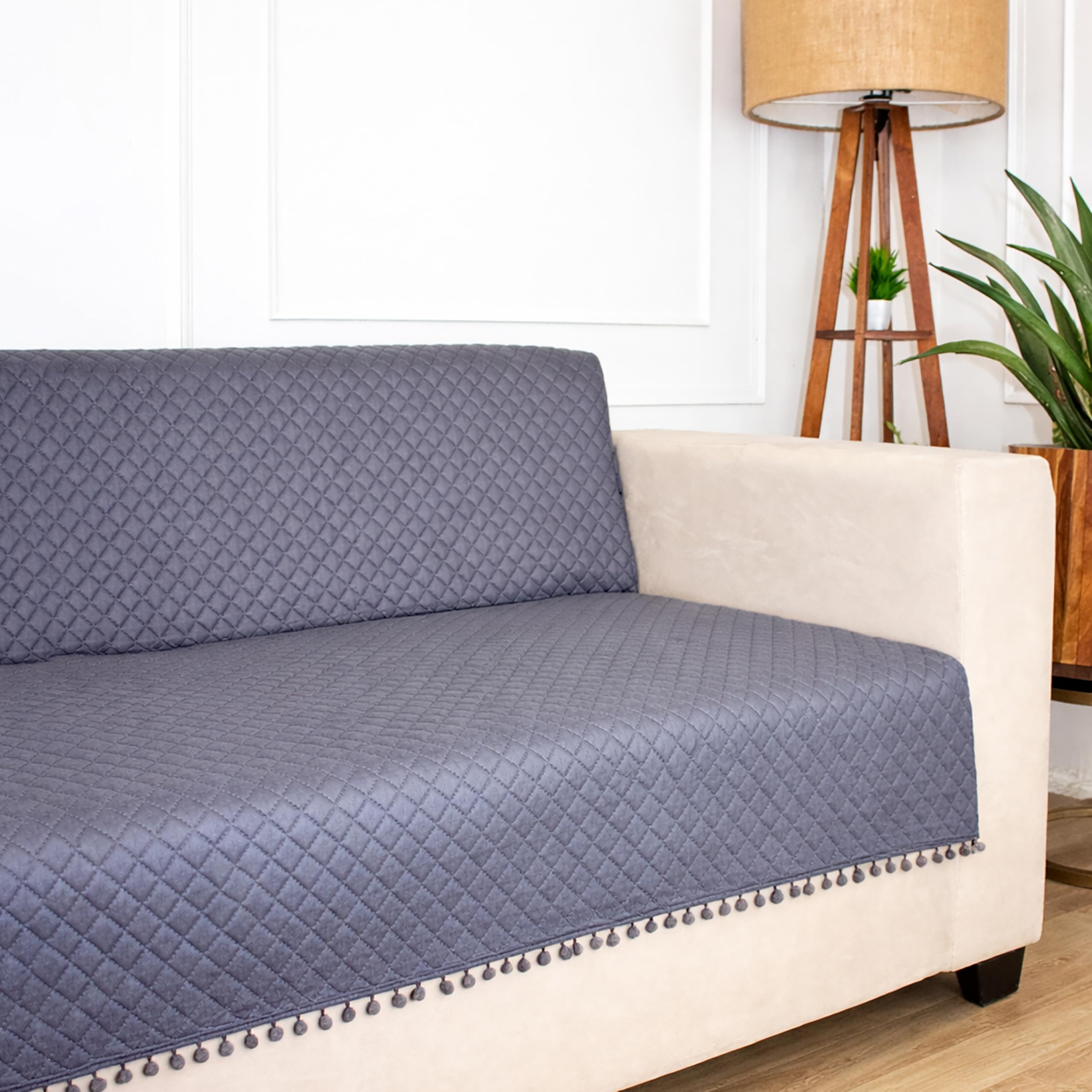 STITCHNEST 'Maison Plush Series' Quilted Velvet Sofa Cover 1 Seater Fully Covered | Premium Soft Fabric, Washable & Fade Resistant | Grey Sofa Protector with Pompom | Size 24x60 Inch