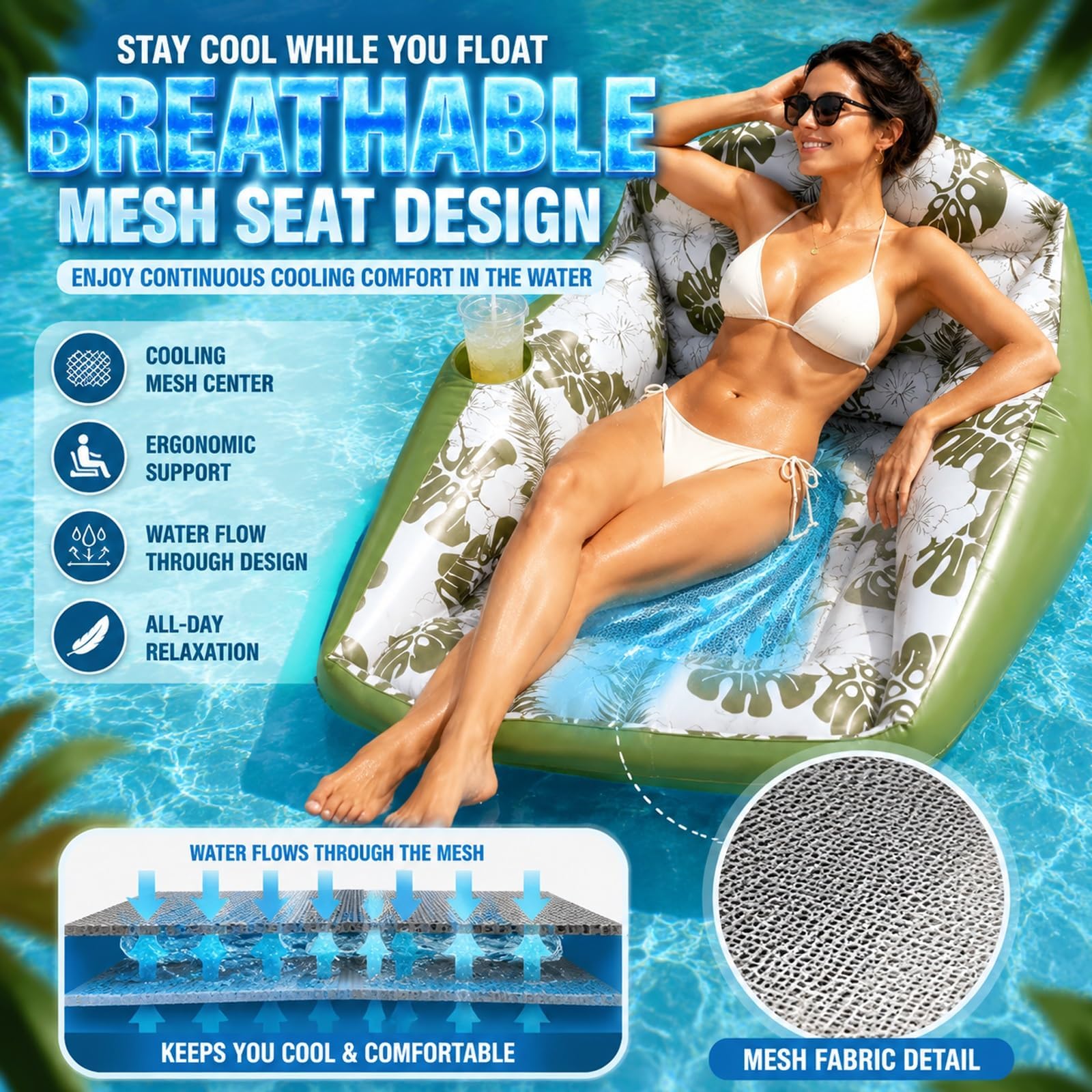 Chaise longue gonflable 3 en 1 pour adulte avec porte-gobelet, hamac flottant pour piscine, nouilles de piscine, accessoires de plage, jeux de plein air pour fêtes, vacances d'été