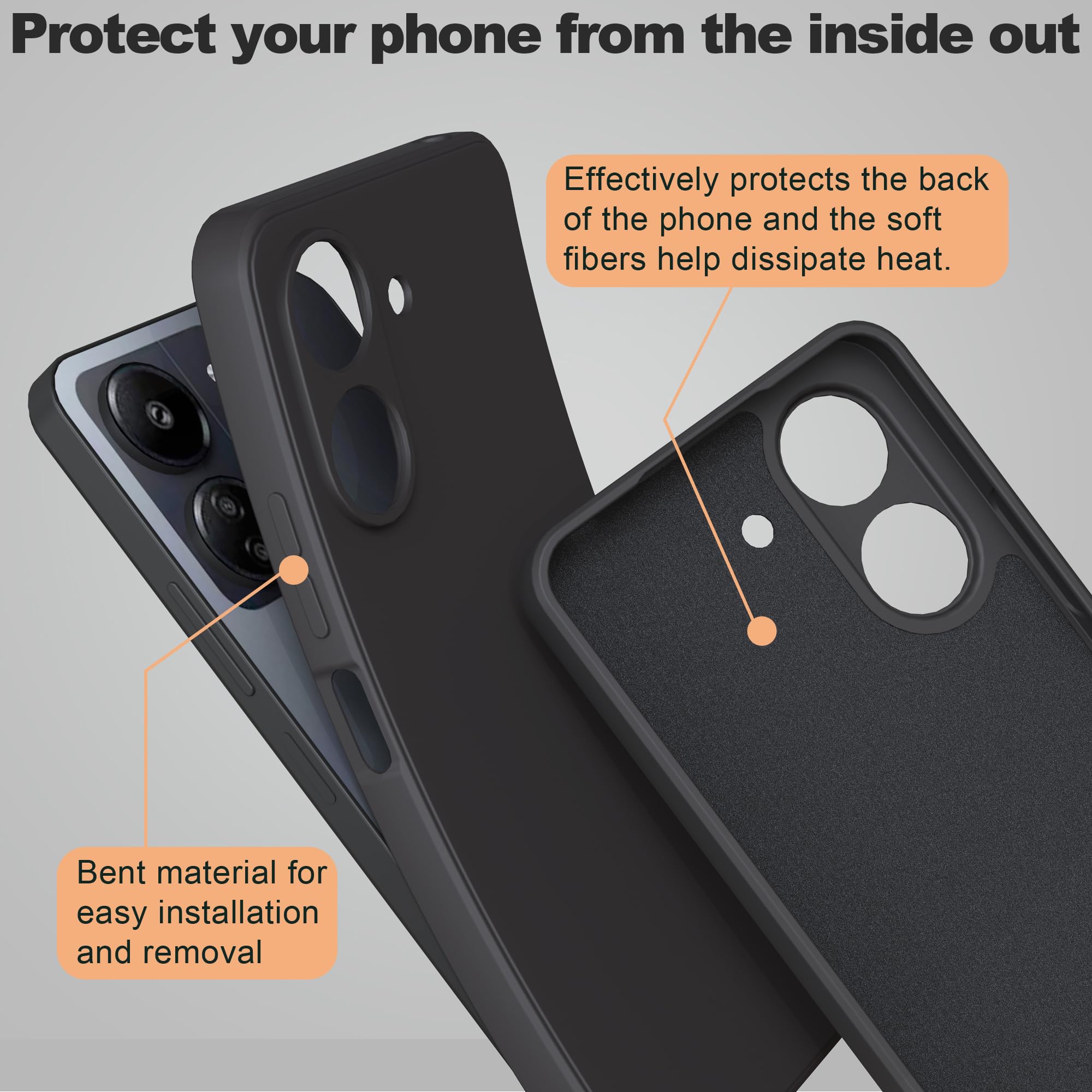MOONESS Cover per Xiaomi Redmi 13C (6,74") Custodia,Con 2 Pellicola Vetro Temperato Morbida Sottile Liquid TPU Case per Xiaomi Redmi 13C - Nero