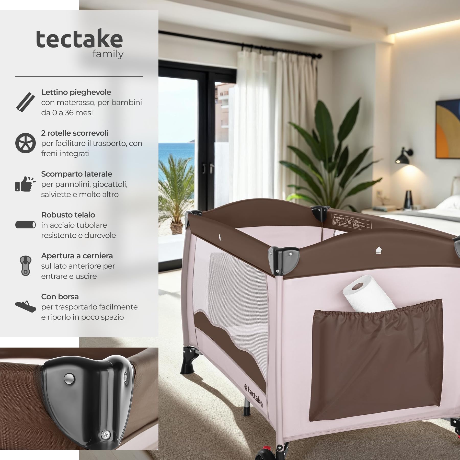 tectake® Lettino da Viaggio Bambini, Lettino Pieghevole con Borsa, Lettino Neonato Portatile, Lettino Trasportabile con Ruote, Letto Bambini Richiudibile, 126 x 65 x 80 Cm - Caffè