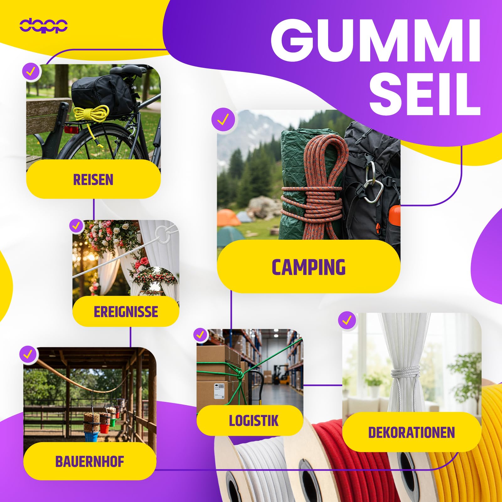 DQ-PP Corda in gomma gialla – 8 mm – 100 m – Cavo di gomma elastico per teloni