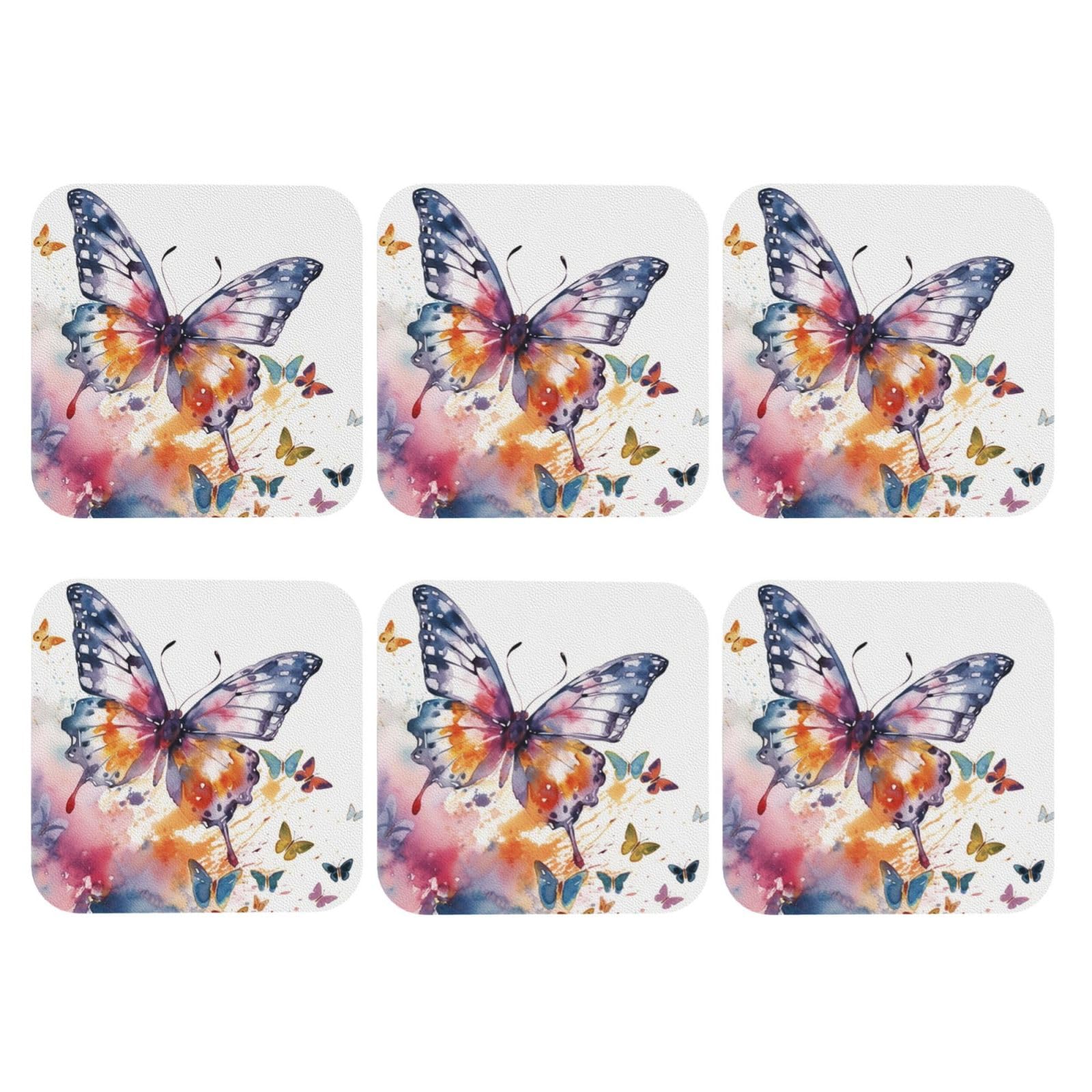 6pcs Leather Coasters for Drinks, Watercolor Butterfly Drink Coasters for Tabletop Protection, 4" Cup Coasters for Coffee Table Decor, Non-Slip Drinking Cup Mat for Hot Or Cold Drink