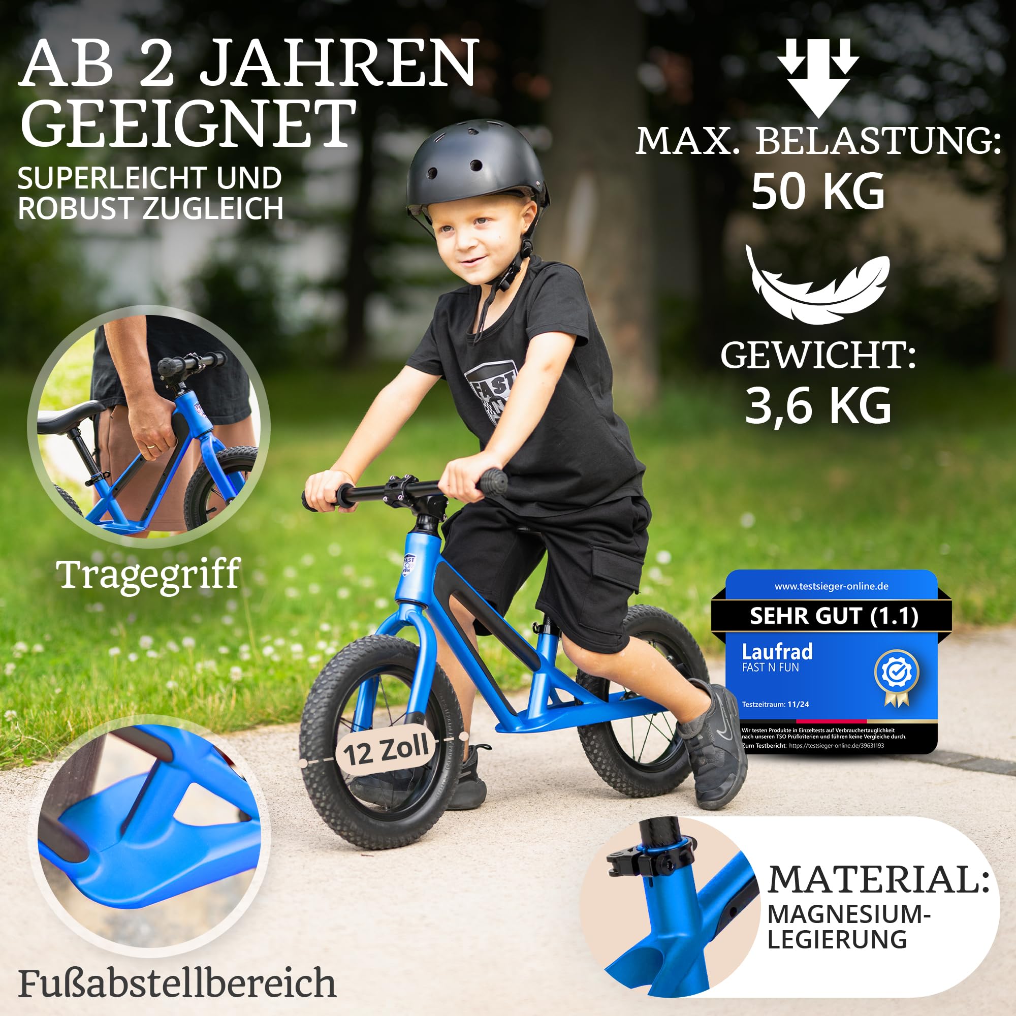 Laufrad ab 2 Jahre [mit Helm] Kinderfahrrad Laufräder | Balance Bike 12" Tragegriff Fußstütze ergonomischer Sitz [höhenverstellbar] Luftreifen Lauflernrad Outdoor Spielzeug Fahrrad Kinder