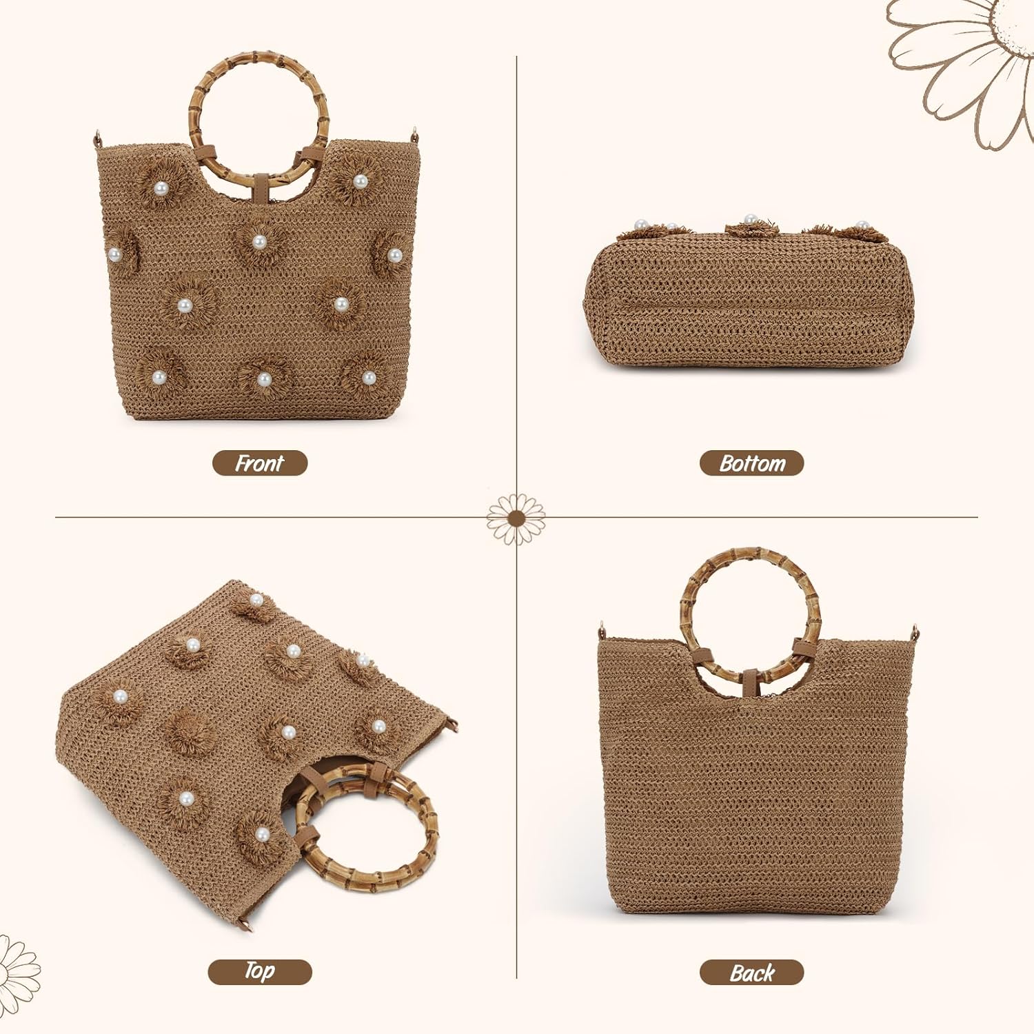 Beach Bags for Women, Summer Beach Woven Bag, Flower Pearls Straw Tote Bag for Summer Vacation