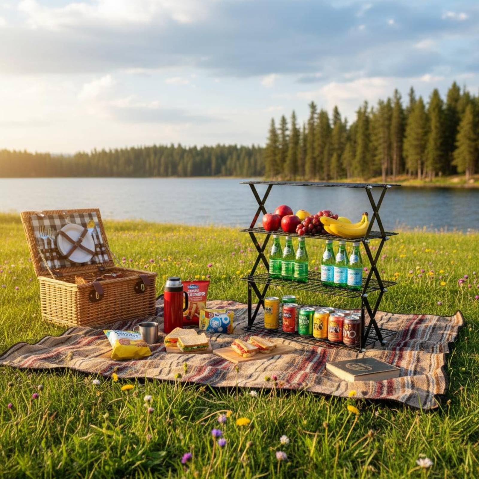 Faltbares Lagerregal Küchenregal Aufbewahrungsregal Metallregal Vierfach Faltbar Belüftet zur Kühlung von Gebäck Und Lagerung von Vorräten für Bäcker Hobbyköche Outdoor, Black, 4-Layer