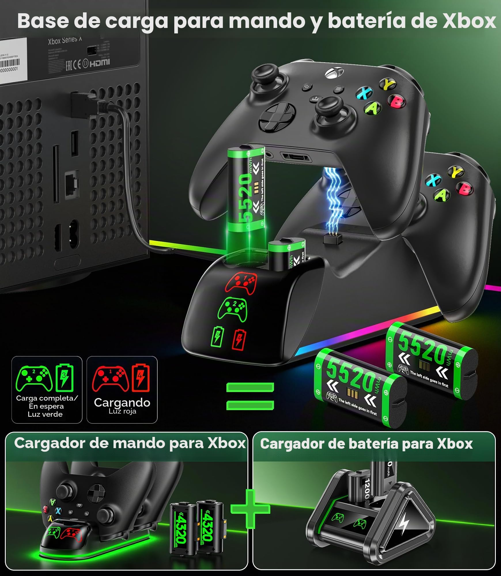 Base de Carga Mando Xbox con 4x5520mAh Batería Recargable, Cargador Mando Xbox One S|X/Elite, 9 RGB Cargador para Bateria Mandos X Box, Kit de Carga X Box Pilas
