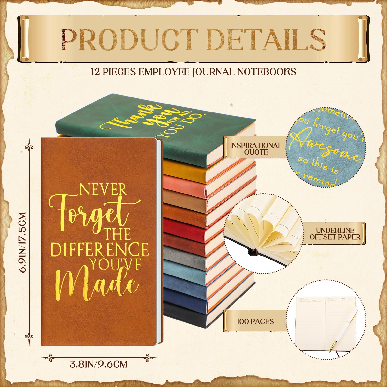 Kosiz 12 Stück Dankeschön-Geschenke, A6, Leder, inspirierendes Notizbuch, große Tasche, kleiner Notizblock für Mitarbeiter, Wertschätzung, Lehrer, Krankenschwester, Geschenk für Frauen und Männer