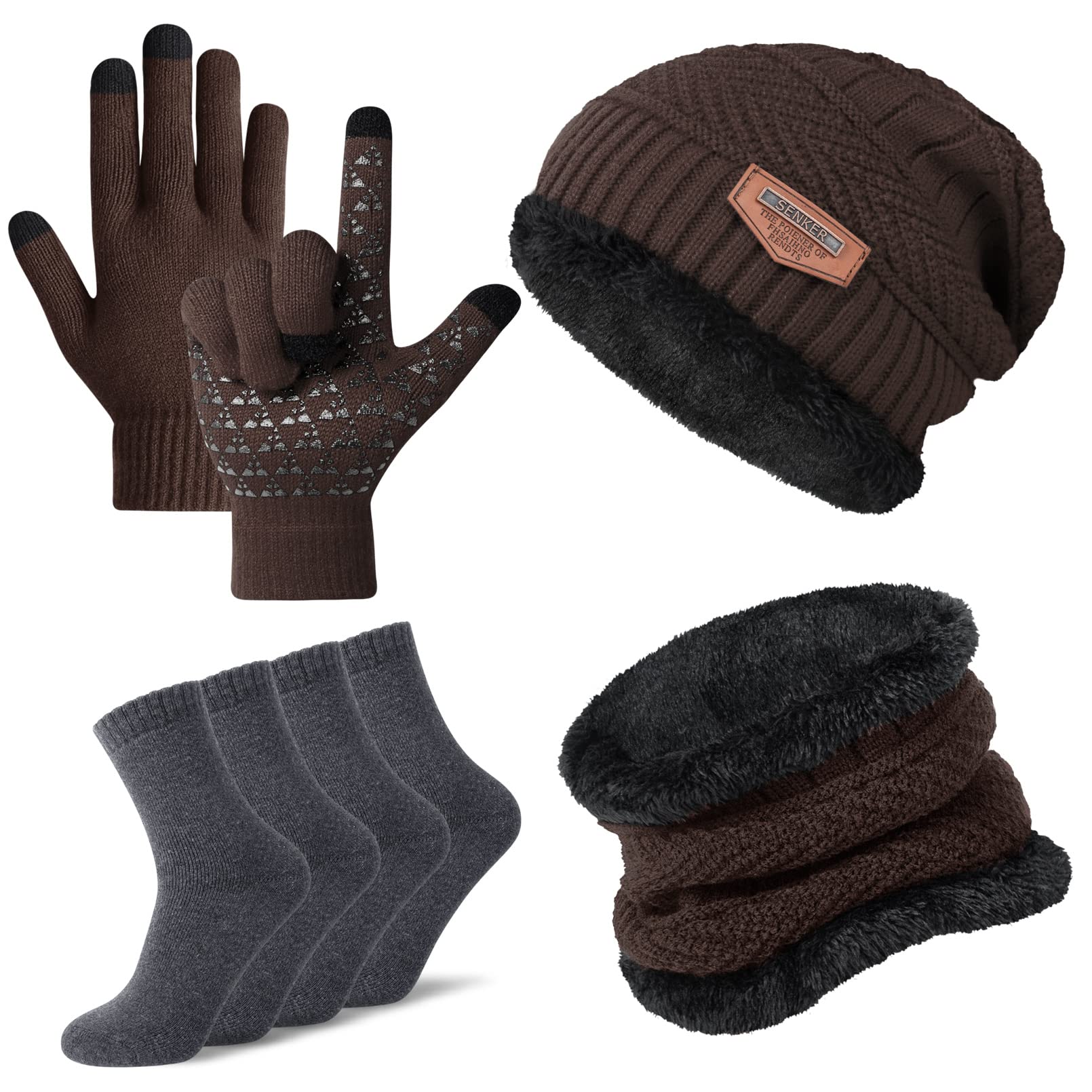 Winter Beanie Hat Scarf and Gloves Set, Warm Fleece Lined Knit Cap Neck Warmer Socks Touch Screen Gloves Set for Men Women