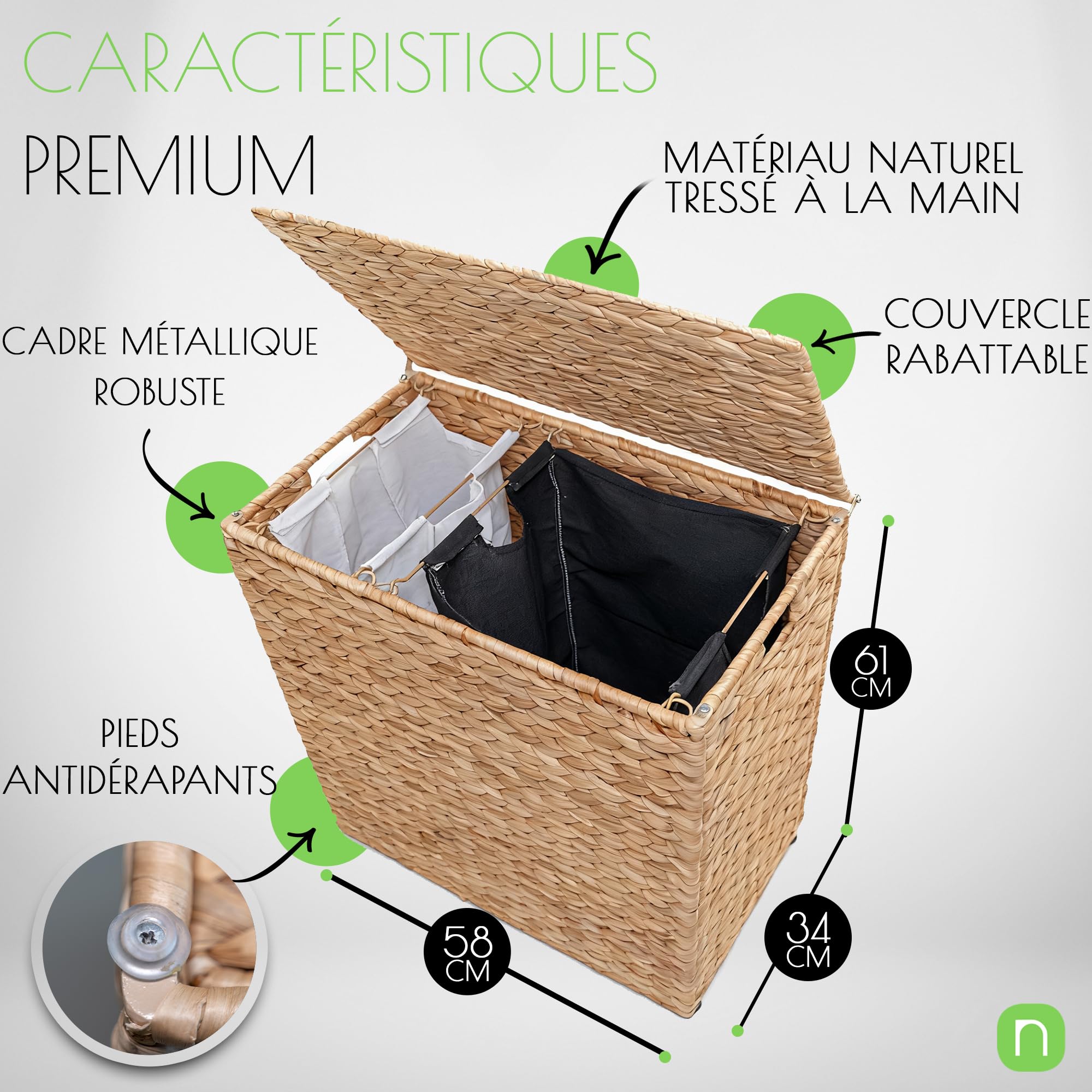 naturlik Panier à Linge 2 Compartiments (120L) – Trieur de Linge avec Sacs Amovibles & Couvercle – Jacinthe d'Eau Tressée à la Main – Corbeille à Linge pour Salle de Bain, Chambre & Buanderie – 58x34x