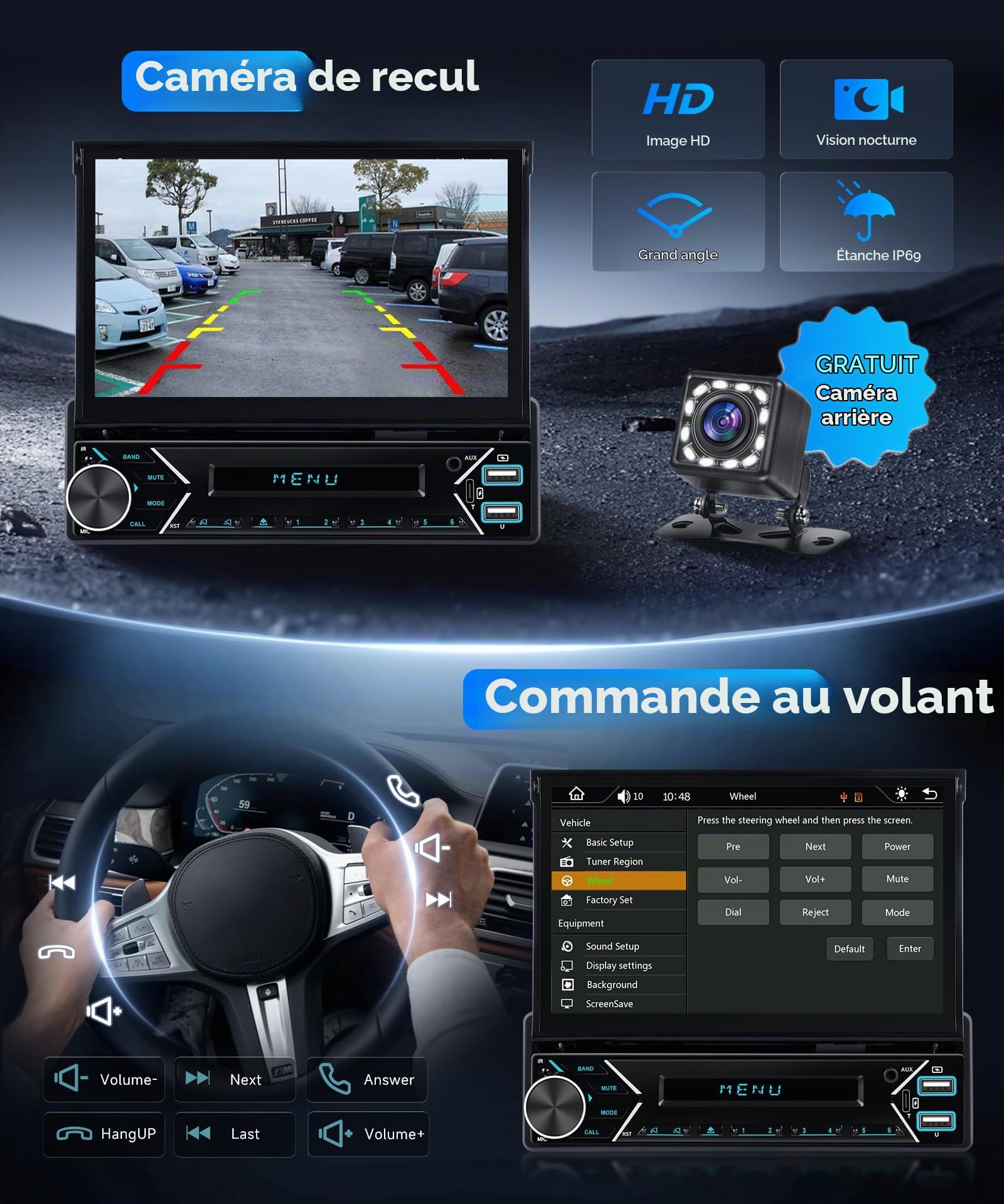 VECHTEL Autoradio 1 Din Carplay Android Auto sans Fil avec écran rétractable motorisé de 7 Pouces,Radio Bluetooth 5.1 Navi/GPS,Miroir Link FM 2 USB/AUX/Type-C avec caméra de recul,Commandes au Volant