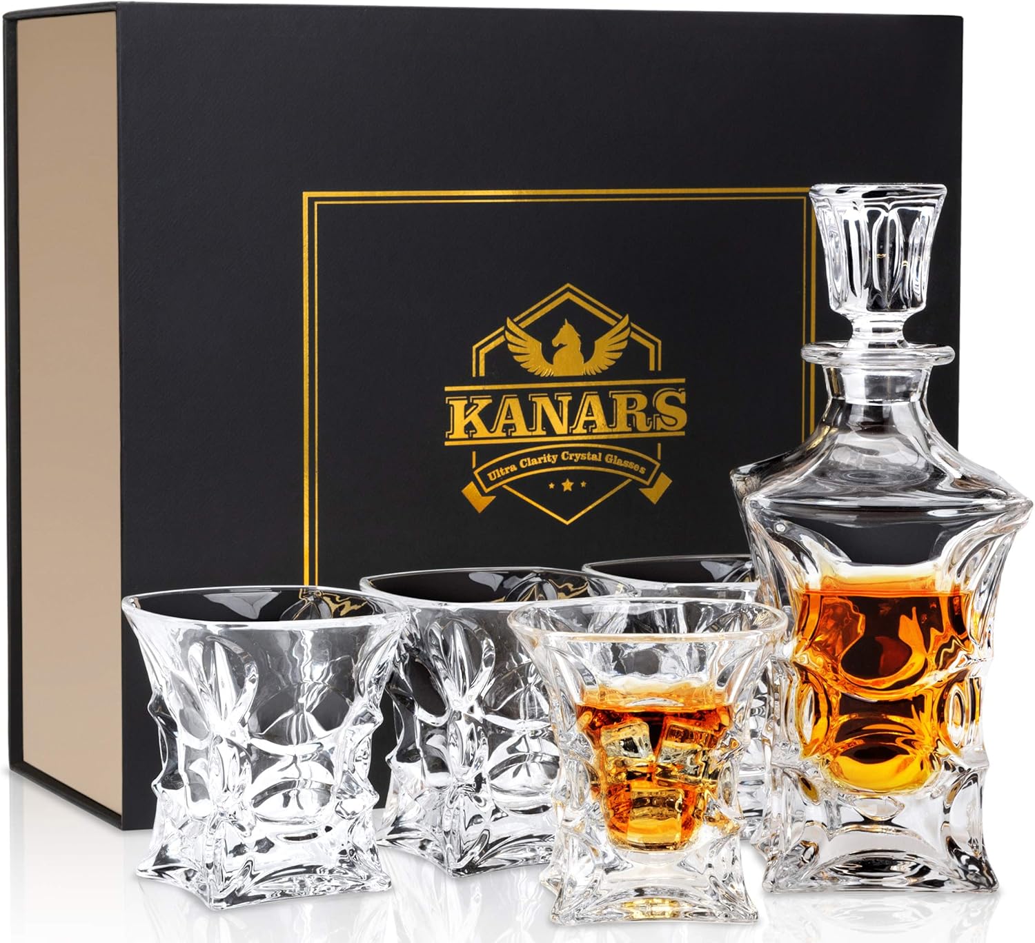 KANARS Crystal Whiskey Glasses And Decanter Set with
