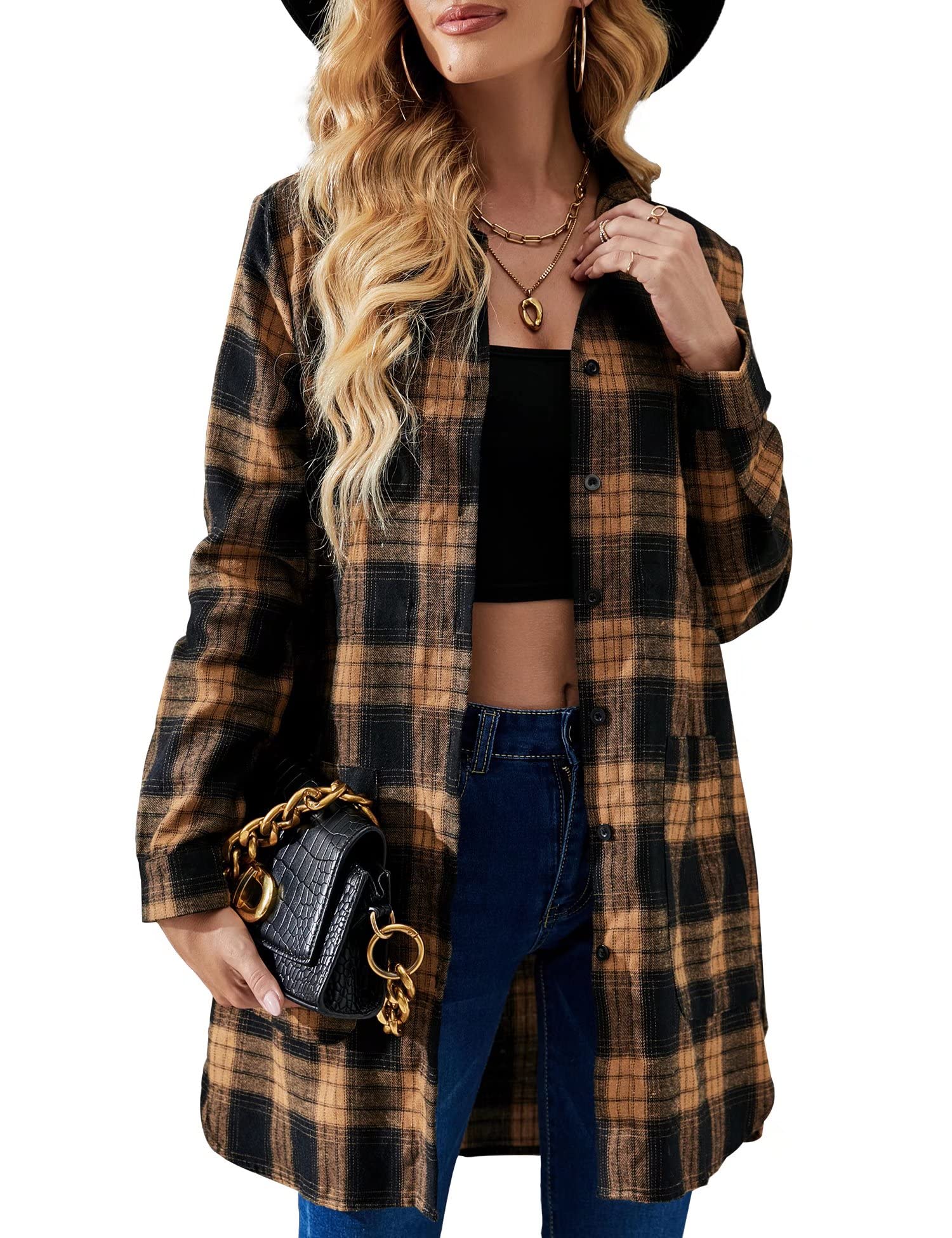 BBX Lephsnt Womens Flannel Plaid Shirts Long Sleeve Mid-Long Casual Boyfriend Button Down Shirts with Pockets