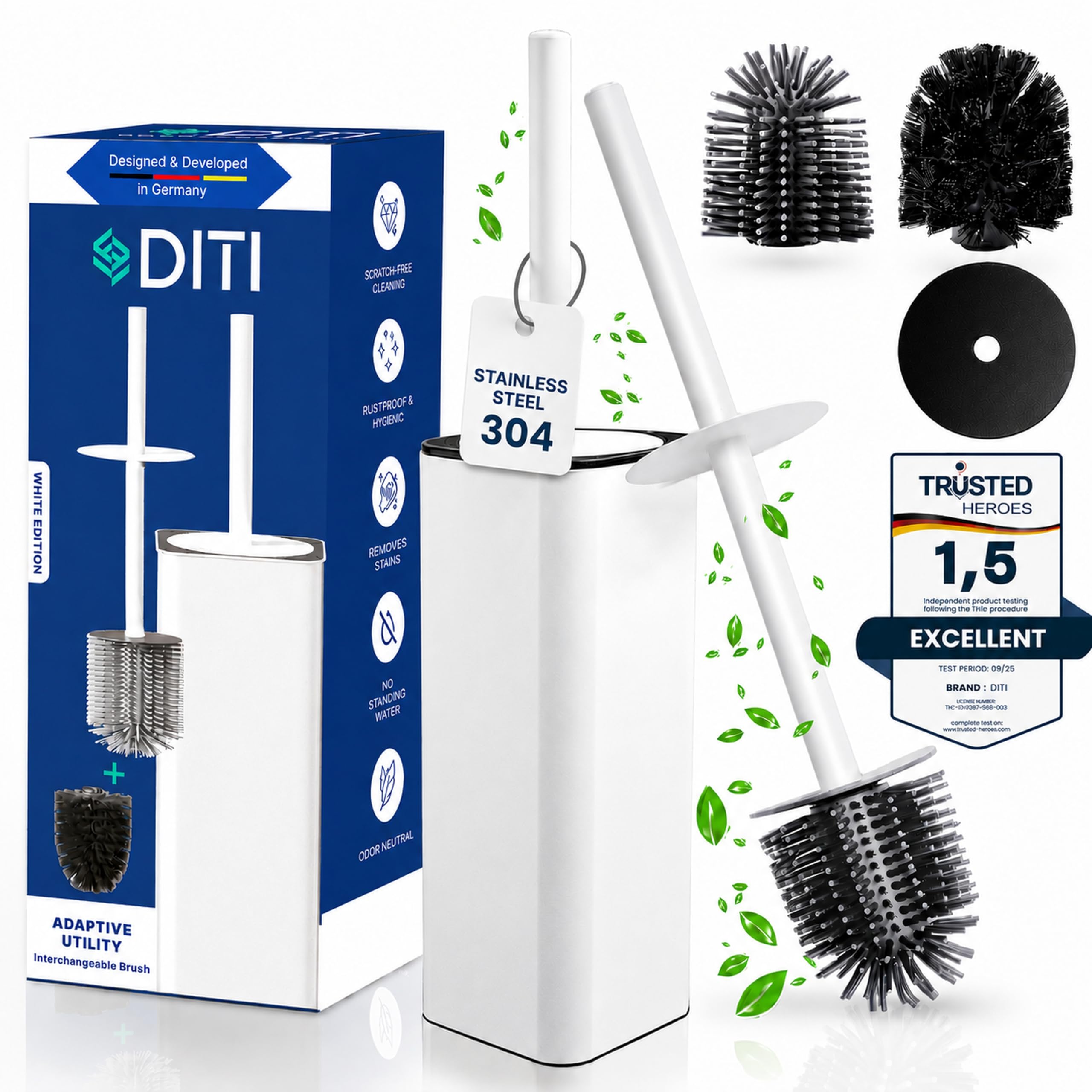 DITI Toilet Brush Silicone White - Stainless Steel Toilet Brush - Square Toilet Brush with Holder and Splash Guard Includes 2 Brush Heads - Antibacterial Toilet Brush for Thorough Cleaning